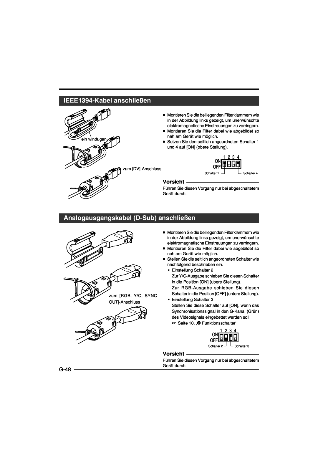 JVC KY-F550E instruction manual IEEE1394-Kabel anschließen, Analogausgangskabel D-Sub anschließen, G-48, Vorsicht 
