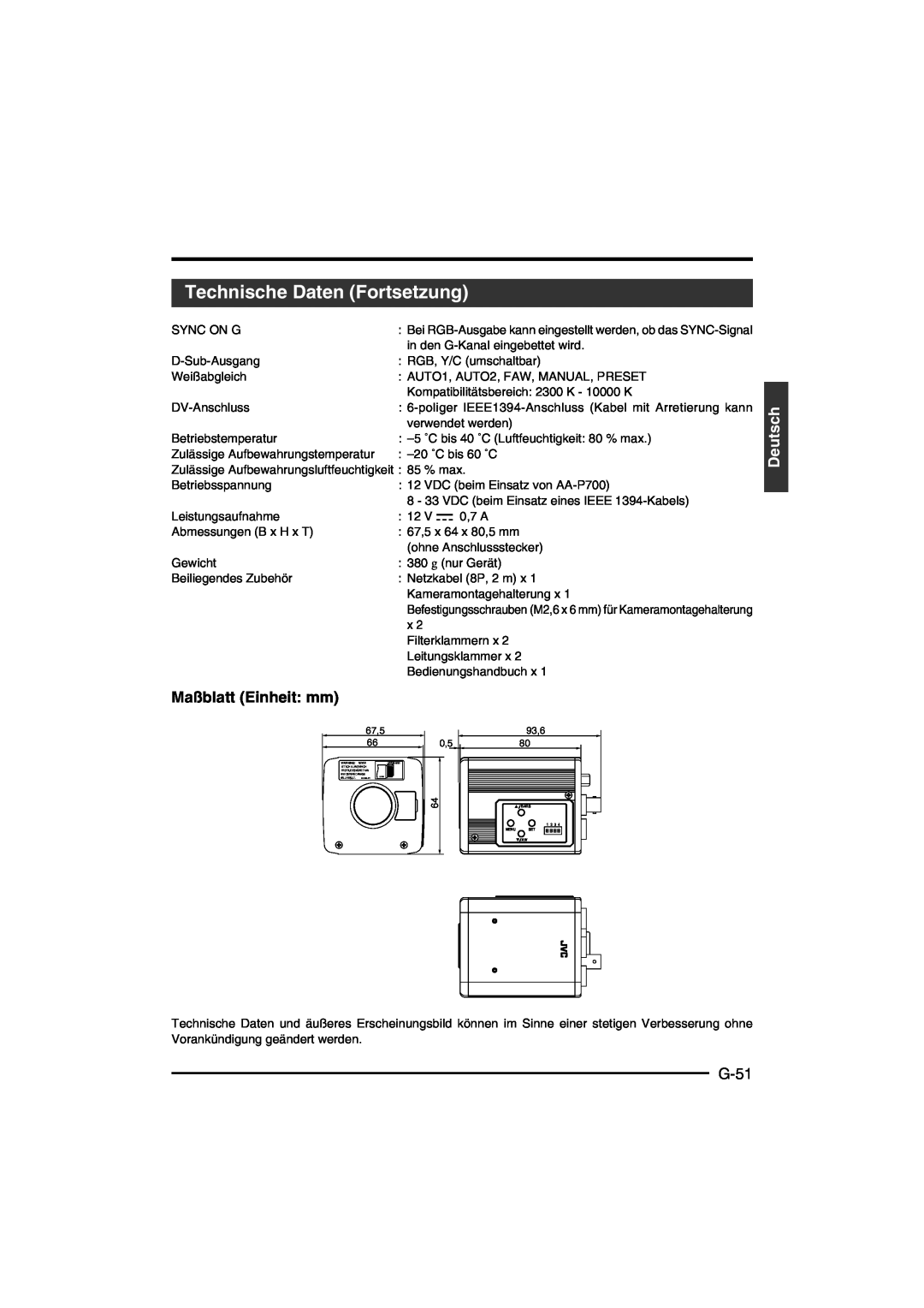 JVC KY-F550E instruction manual Technische Daten Fortsetzung, Maßblatt Einheit mm, G-51, Deutsch 
