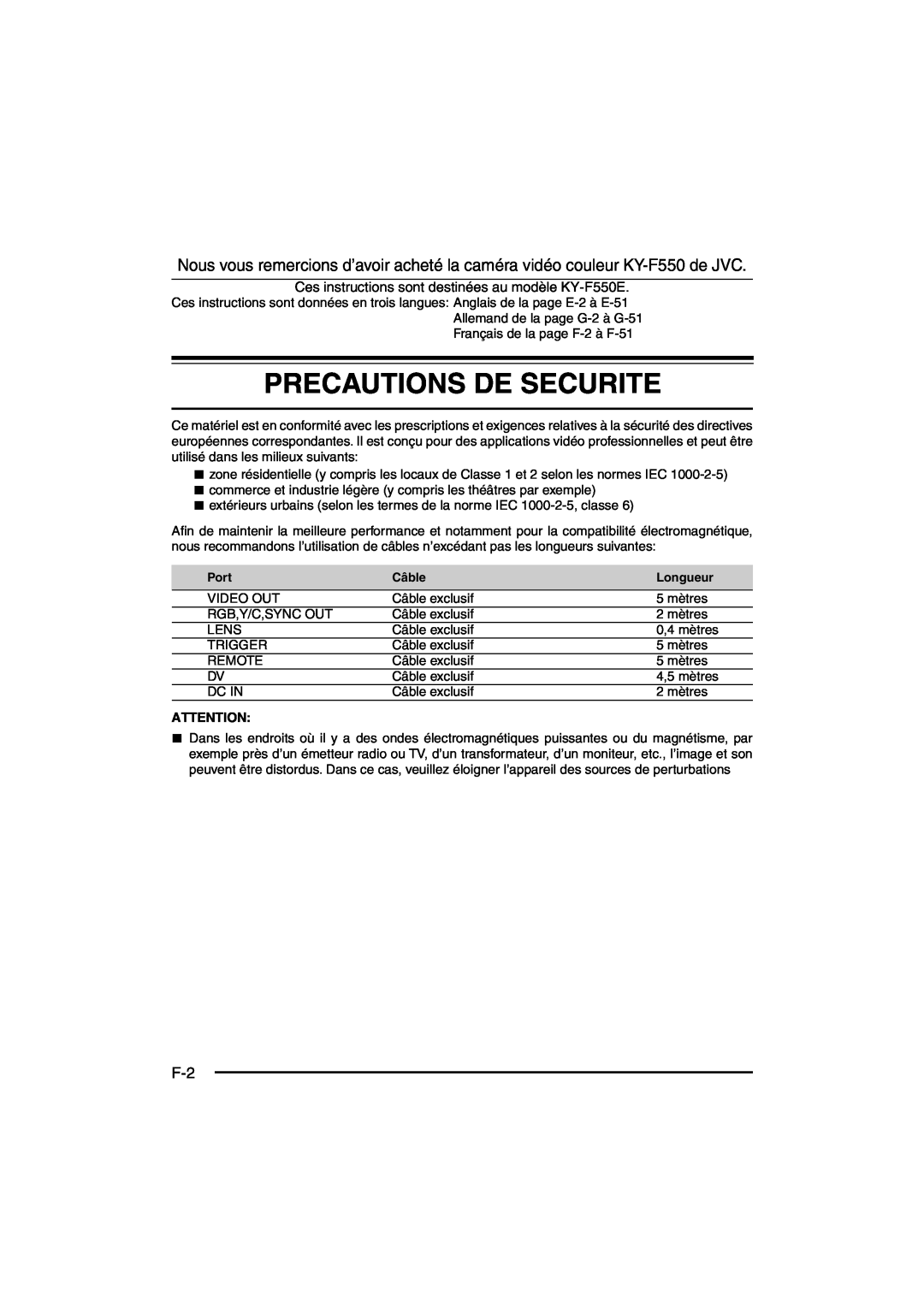 JVC KY-F550E instruction manual Precautions De Securite, Port, Câble, Longueur 