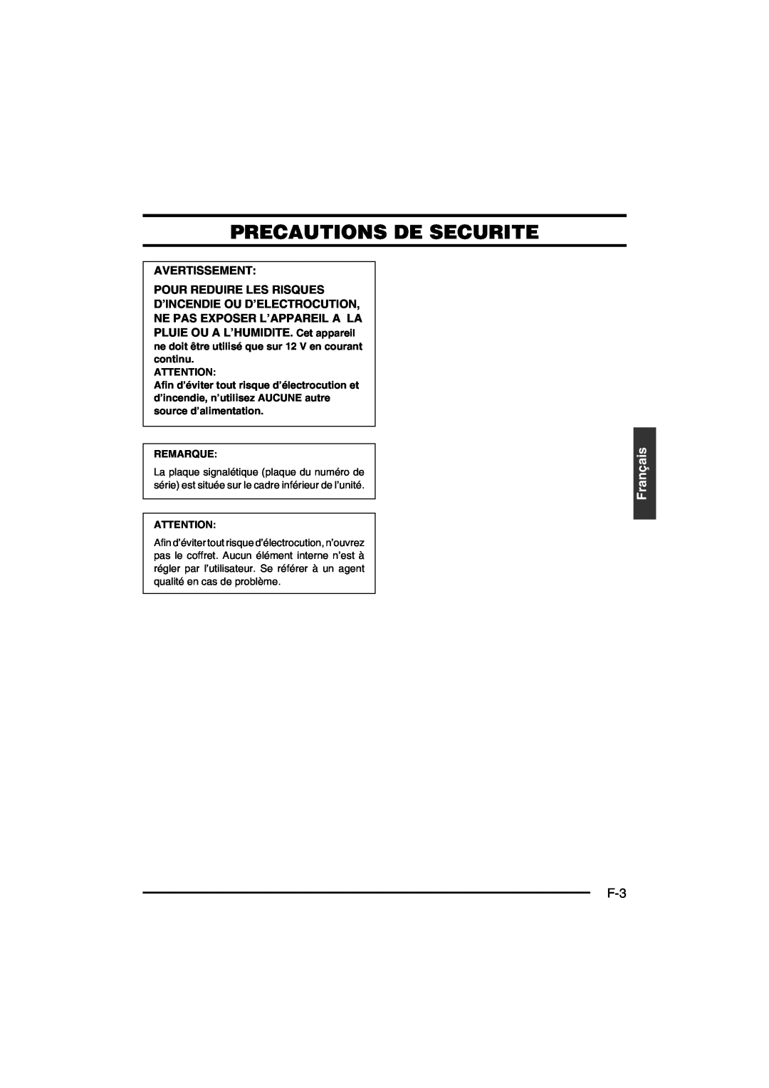 JVC KY-F550E instruction manual Precautions De Securite, Avertissement, Français, Remarque 