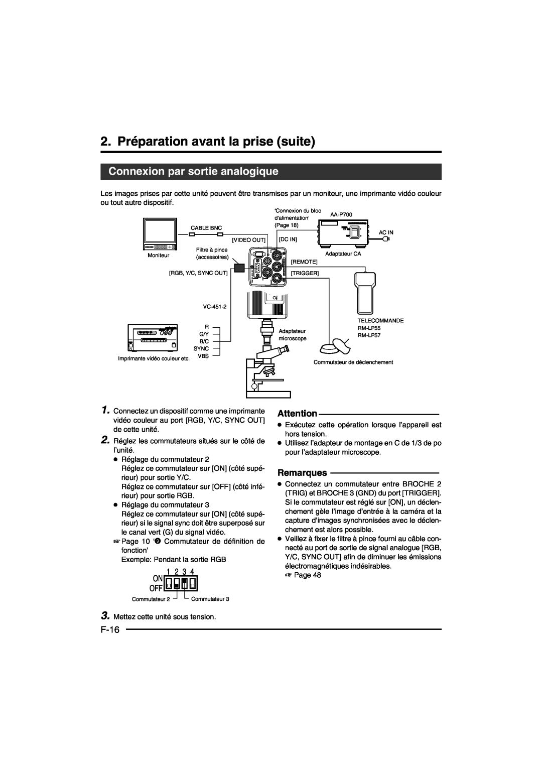 JVC KY-F550E instruction manual 2. Préparation avant la prise suite, Connexion par sortie analogique, F-16, Remarques 