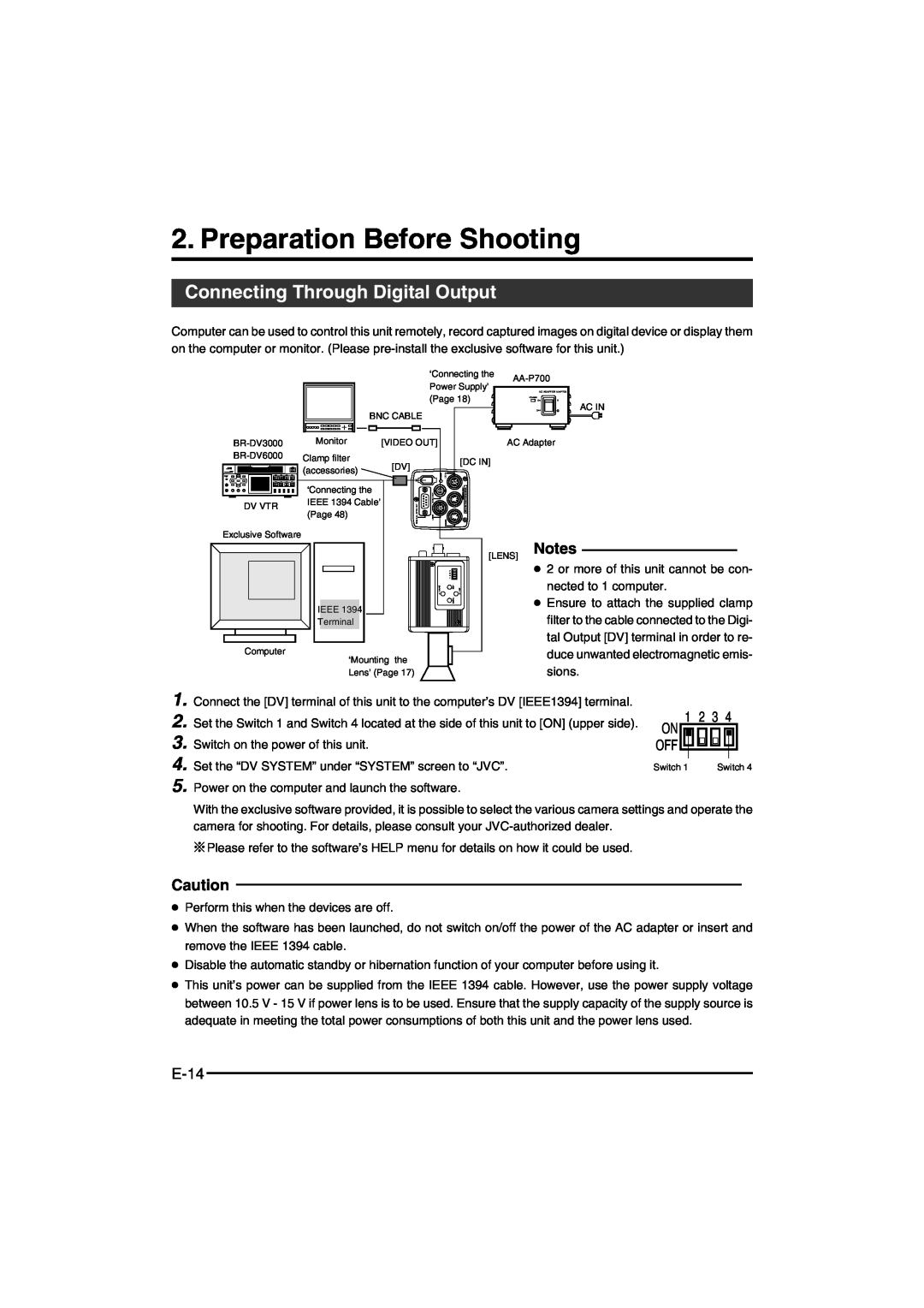 JVC KY-F550E instruction manual Preparation Before Shooting, Connecting Through Digital Output, E-14 