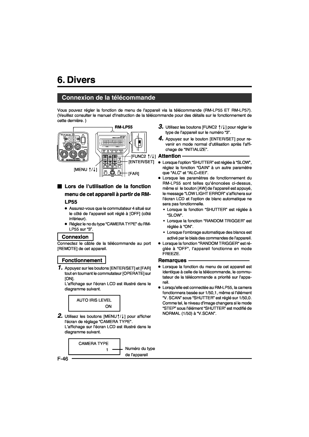 JVC KY-F550E instruction manual Divers, Connexion de la télécommande, Fonctionnement, F-46, Remarques, RM-LP55 
