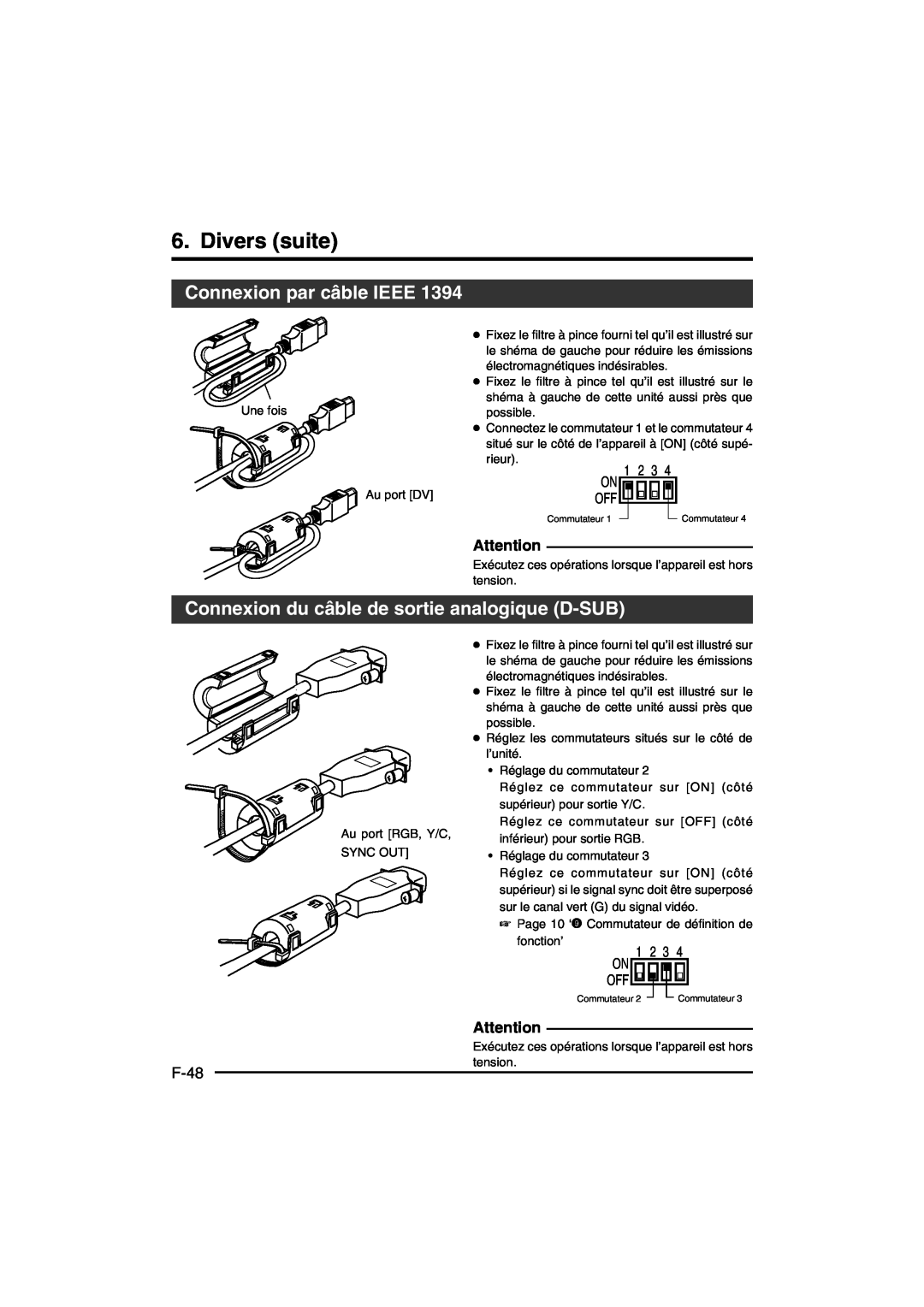 JVC KY-F550E instruction manual Divers suite, Connexion par câble IEEE, Connexion du câble de sortie analogique D-SUB, F-48 