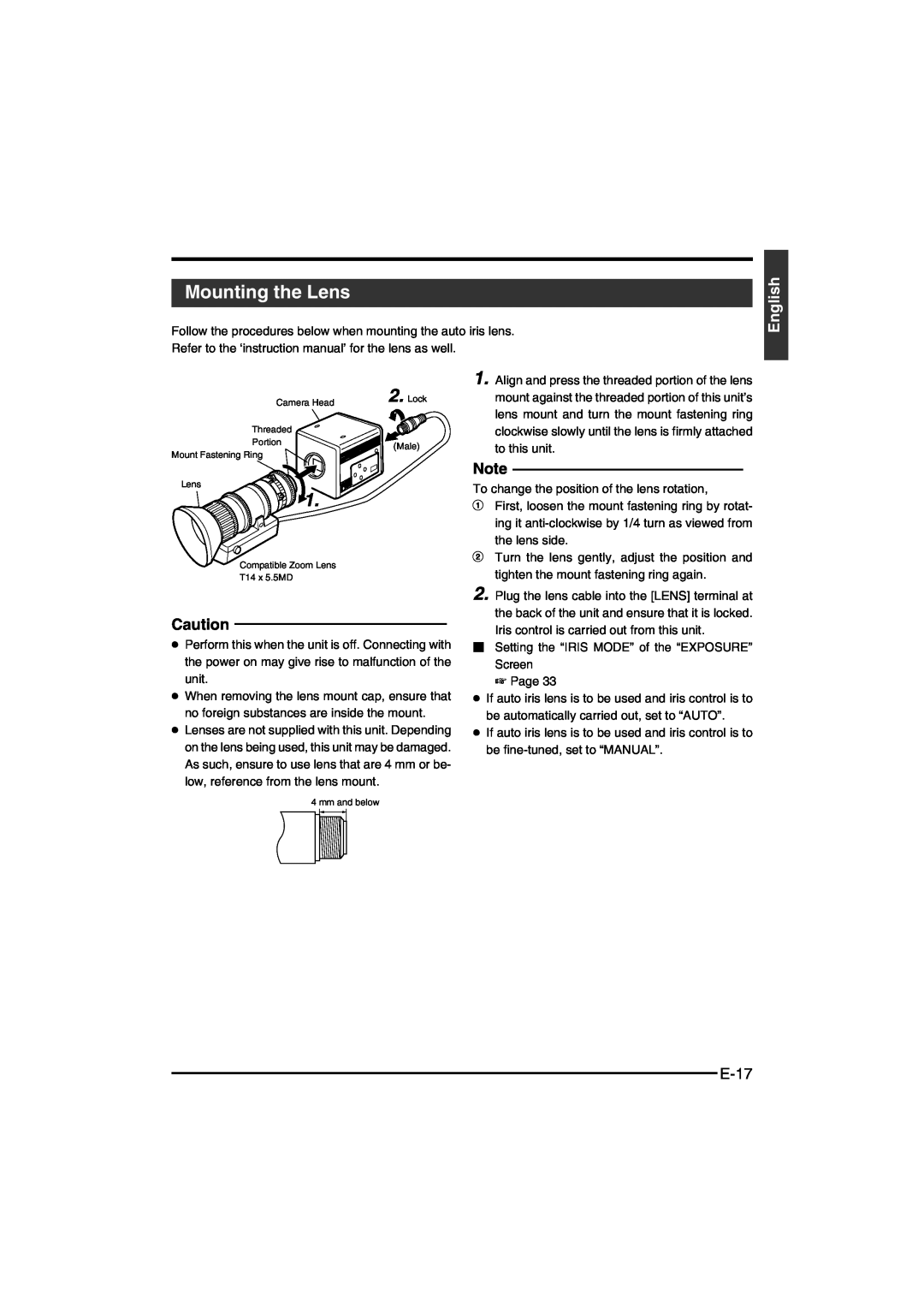 JVC KY-F550E instruction manual Mounting the Lens, E-17, English 