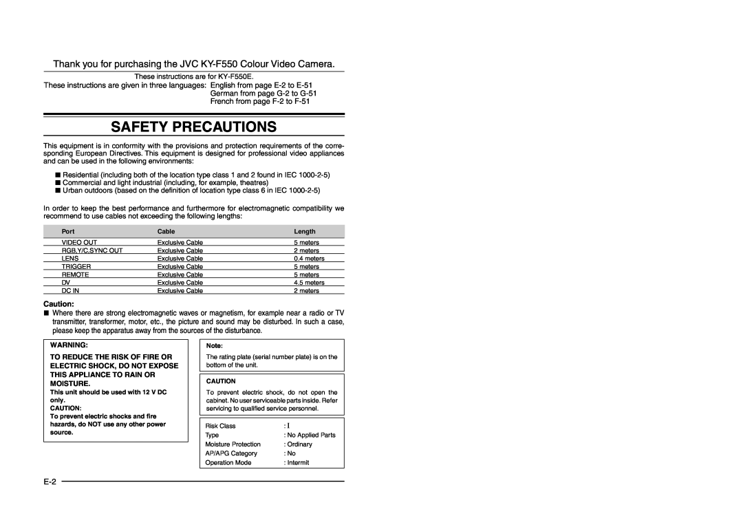 JVC KY-F550E instruction manual Safety Precautions, Thank you for purchasing the JVC KY-F550 Colour Video Camera 