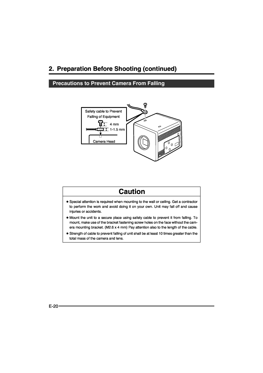 JVC KY-F550E instruction manual Precautions to Prevent Camera From Falling, E-20, Preparation Before Shooting continued 