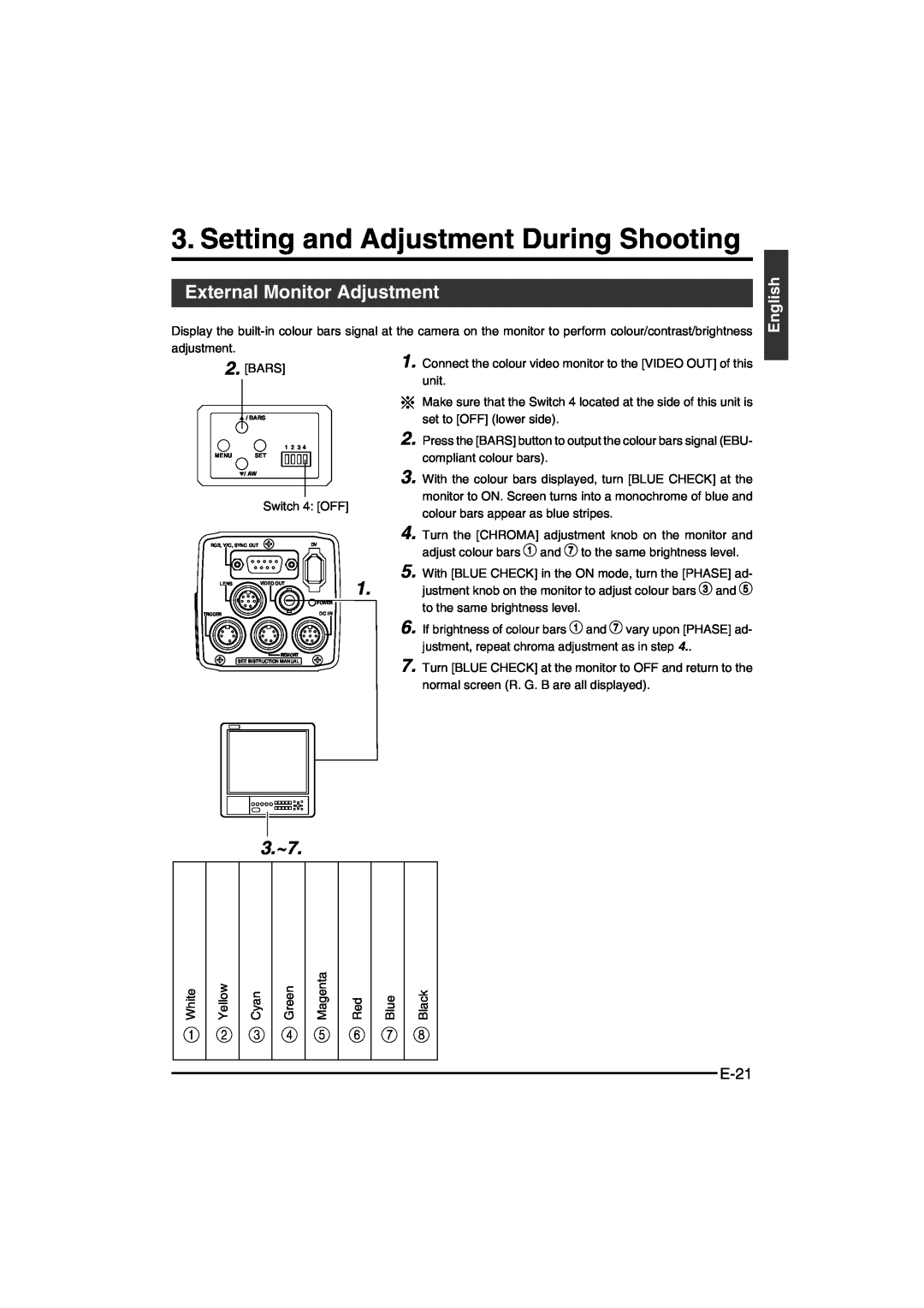 JVC KY-F550E instruction manual Setting and Adjustment During Shooting, External Monitor Adjustment, 3.~7, E-21, English 