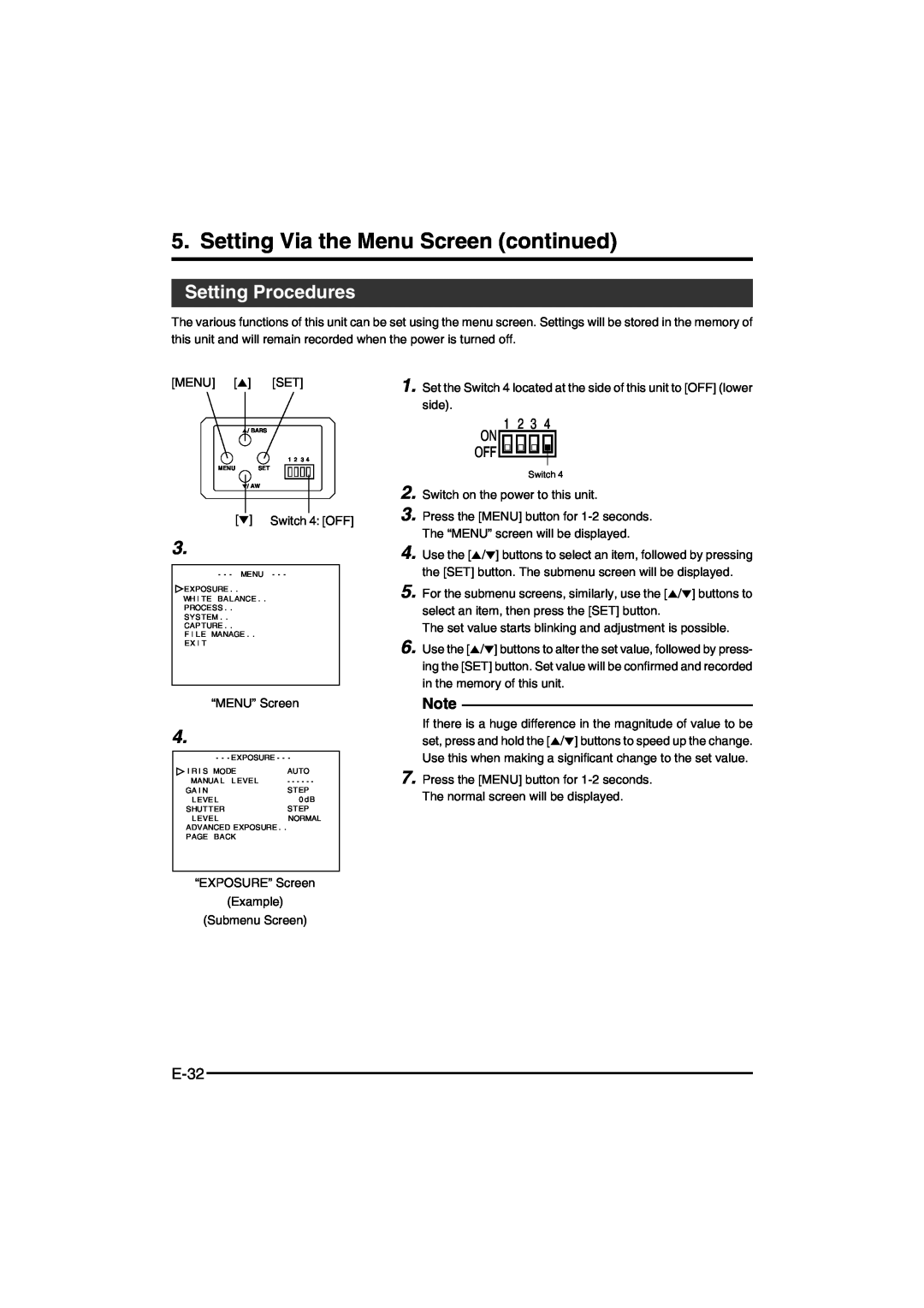 JVC KY-F550E instruction manual Setting Via the Menu Screen continued, Setting Procedures, 1 2 3, E-32 