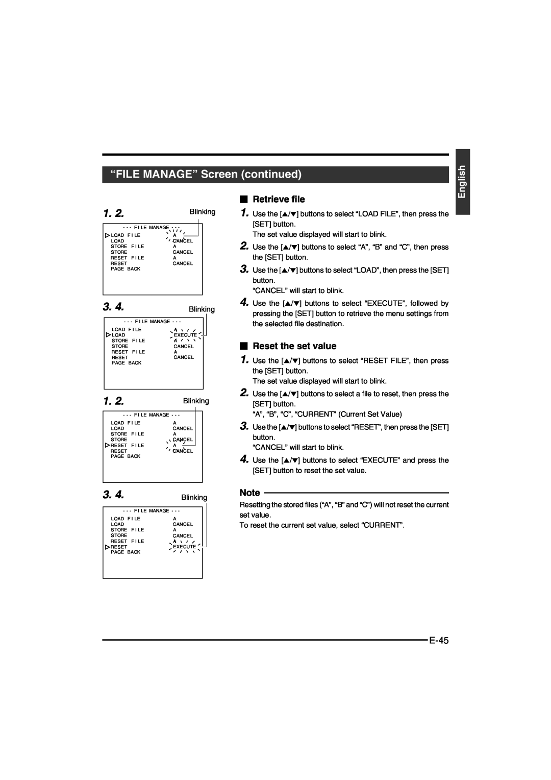 JVC KY-F550E instruction manual “FILE MANAGE” Screen continued,  Retrieve file,  Reset the set value, E-45, English 