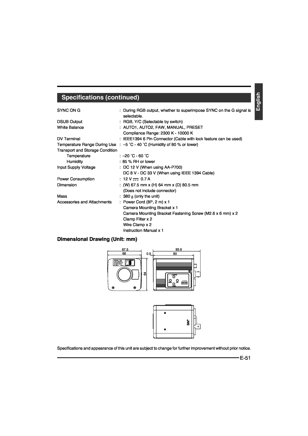 JVC KY-F550E instruction manual Specifications continued, Dimensional Drawing Unit mm, E-51, English 