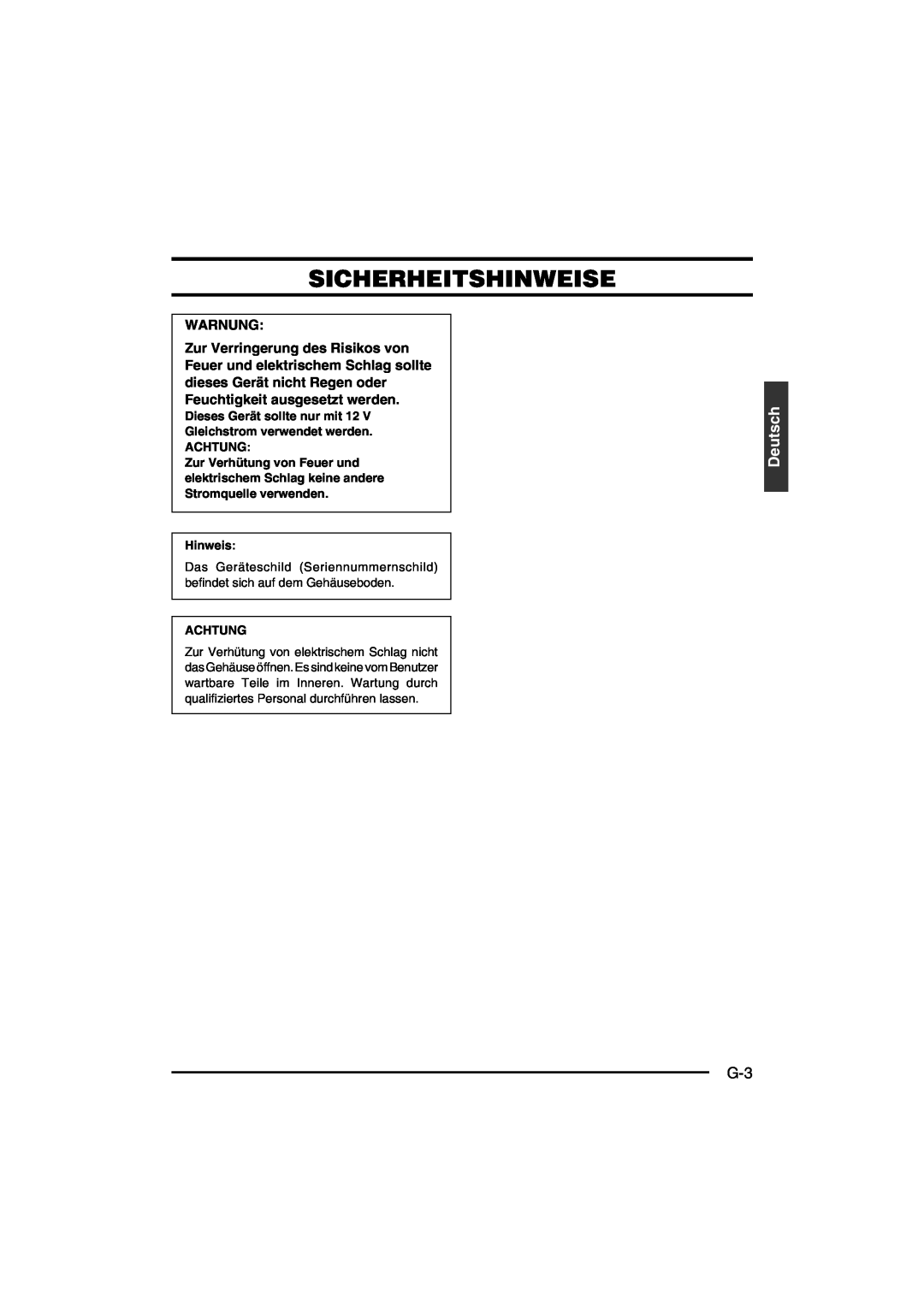 JVC KY-F550E instruction manual Sicherheitshinweise, Warnung, Deutsch, Achtung, Hinweis 