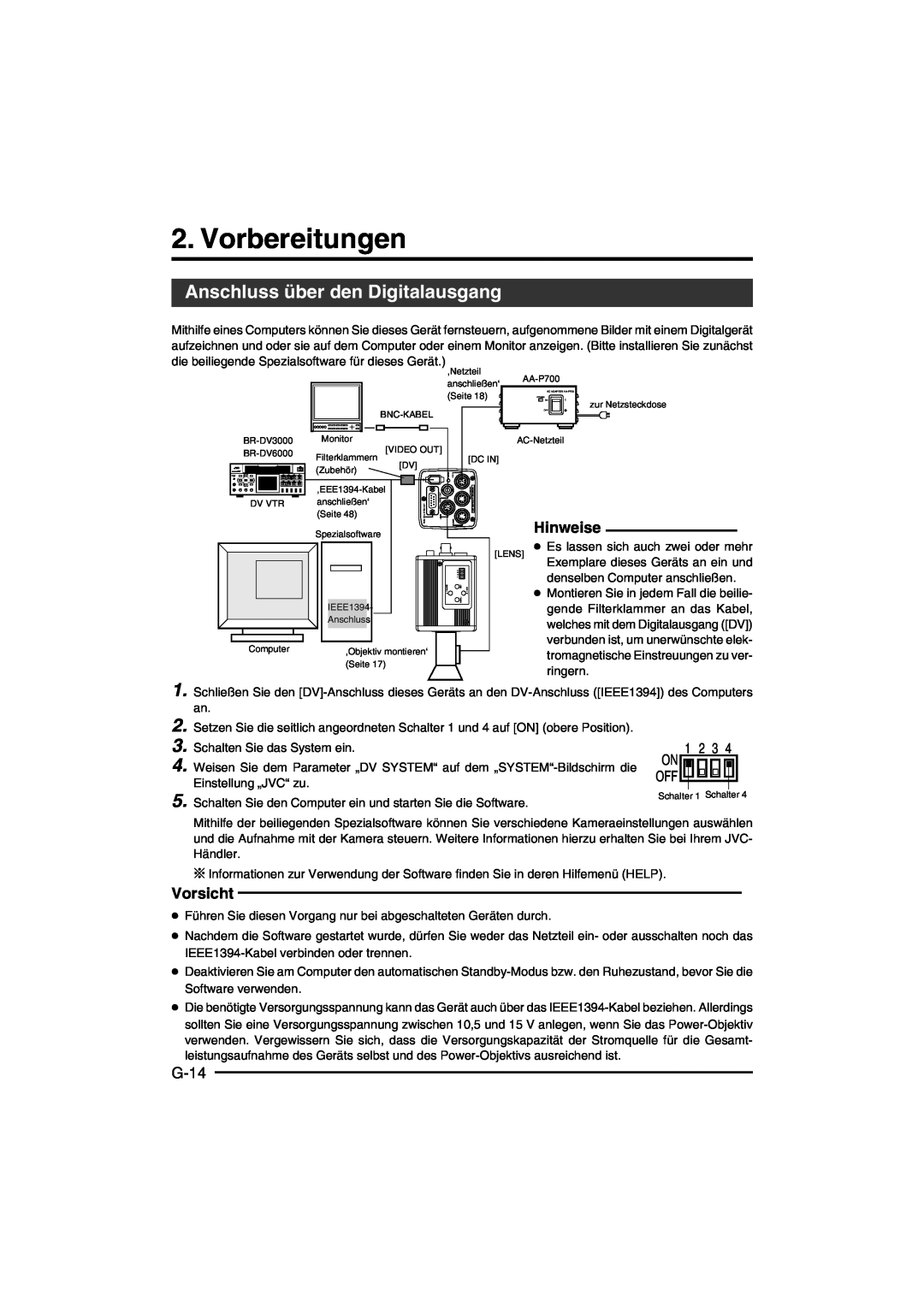 JVC KY-F550E instruction manual Vorbereitungen, Anschluss über den Digitalausgang, Hinweise, G-14, Vorsicht 