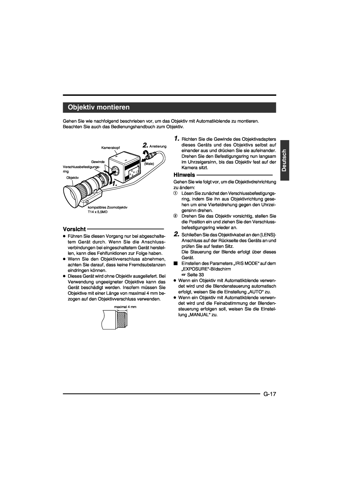 JVC KY-F550E instruction manual Objektiv montieren, G-17, Deutsch, Hinweis, Vorsicht 