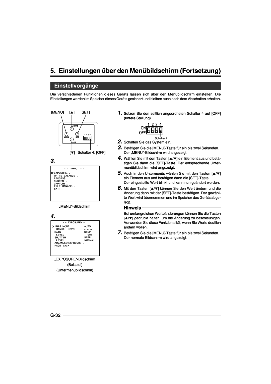 JVC KY-F550E instruction manual Einstellungen über den Menübildschirm Fortsetzung, Einstellvorgänge, G-32, Hinweis 