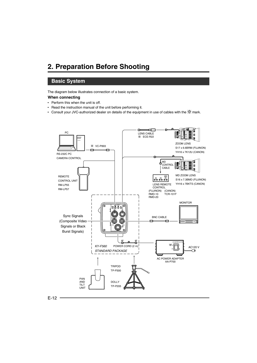 JVC KY-F560 Preparation Before Shooting, Basic System, Diagram below illustrates connection of a basic system 