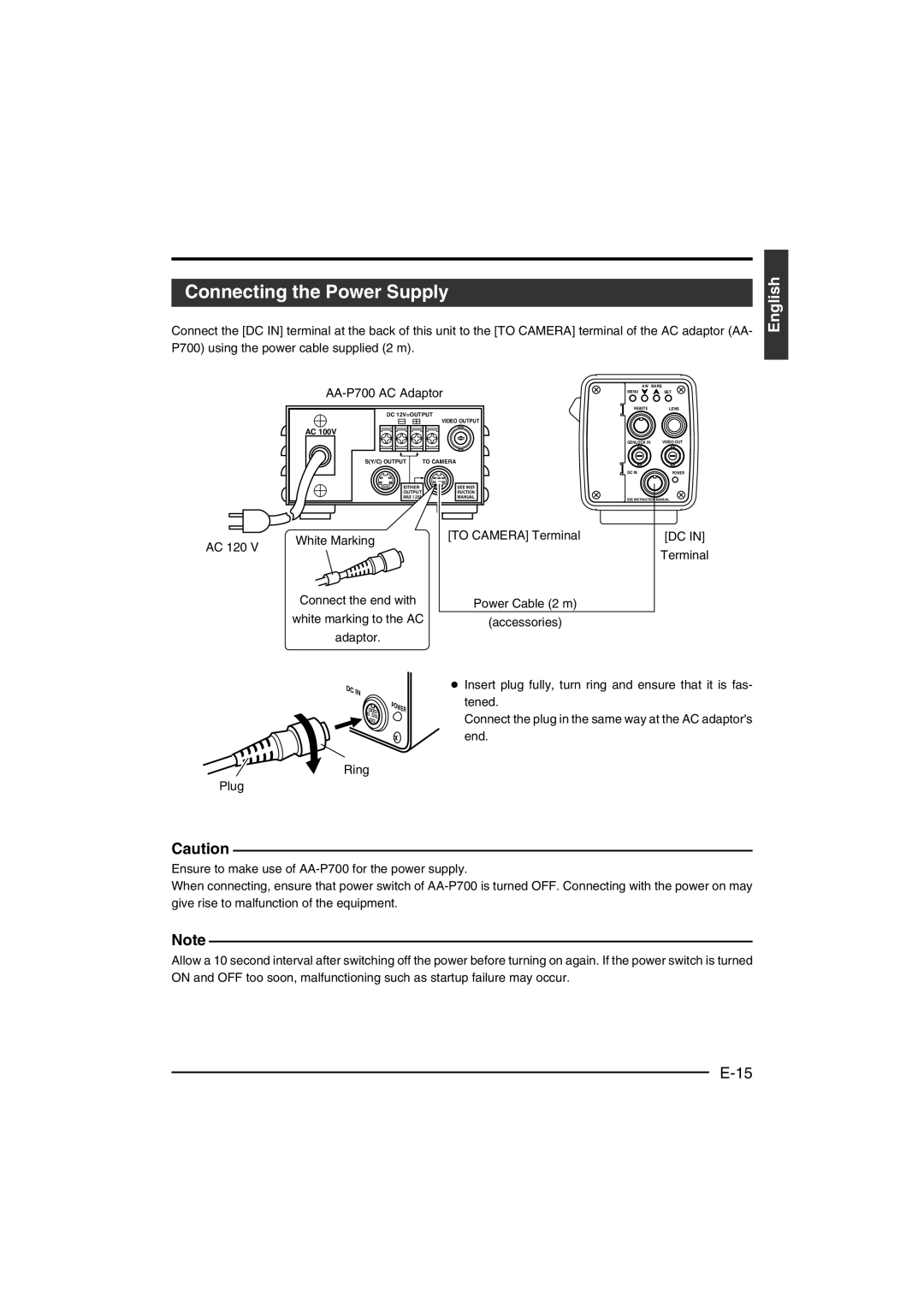 JVC KY-F560 instruction manual Connecting the Power Supply, AA-P700 AC Adaptor, AC 120, White Marking Connect the end with 