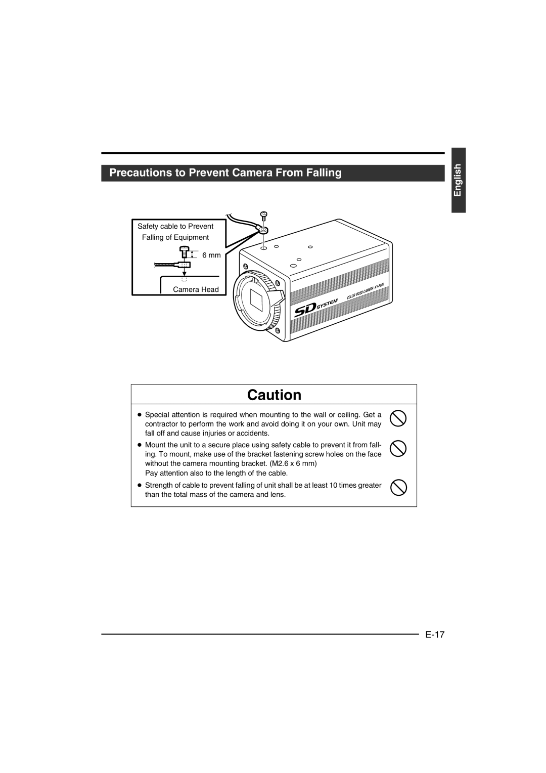 JVC KY-F560 Precautions to Prevent Camera From Falling, Safety cable to Prevent Falling of Equipment Camera Head 