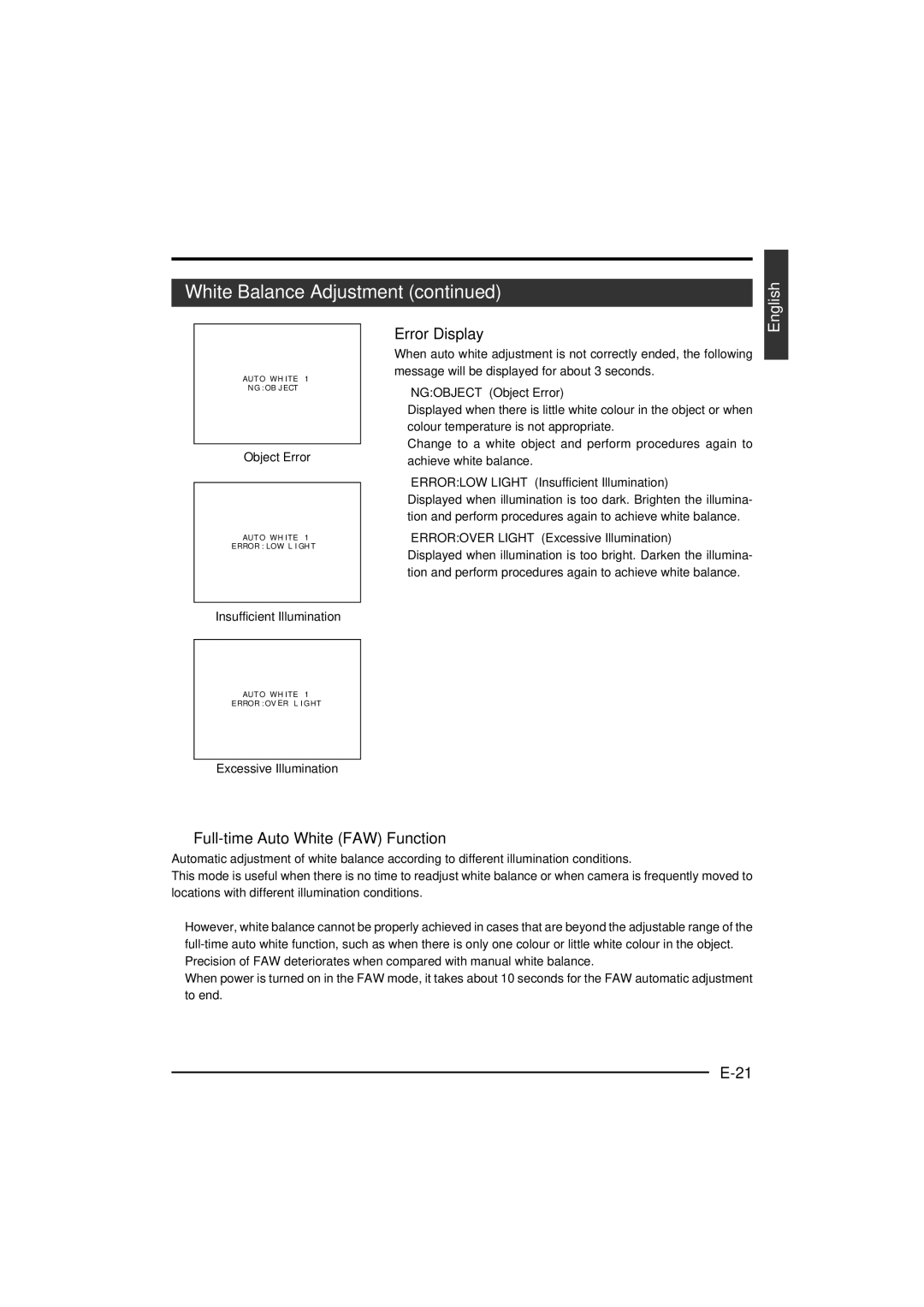 JVC KY-F560 instruction manual Error Display,  Full-time Auto White FAW Function, Ngobject Object Error 