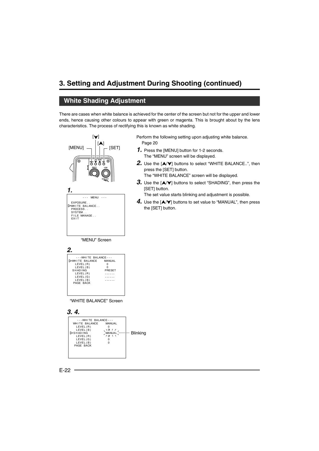 JVC KY-F560 instruction manual White Shading Adjustment, Menu Screen, White Balance Screen 