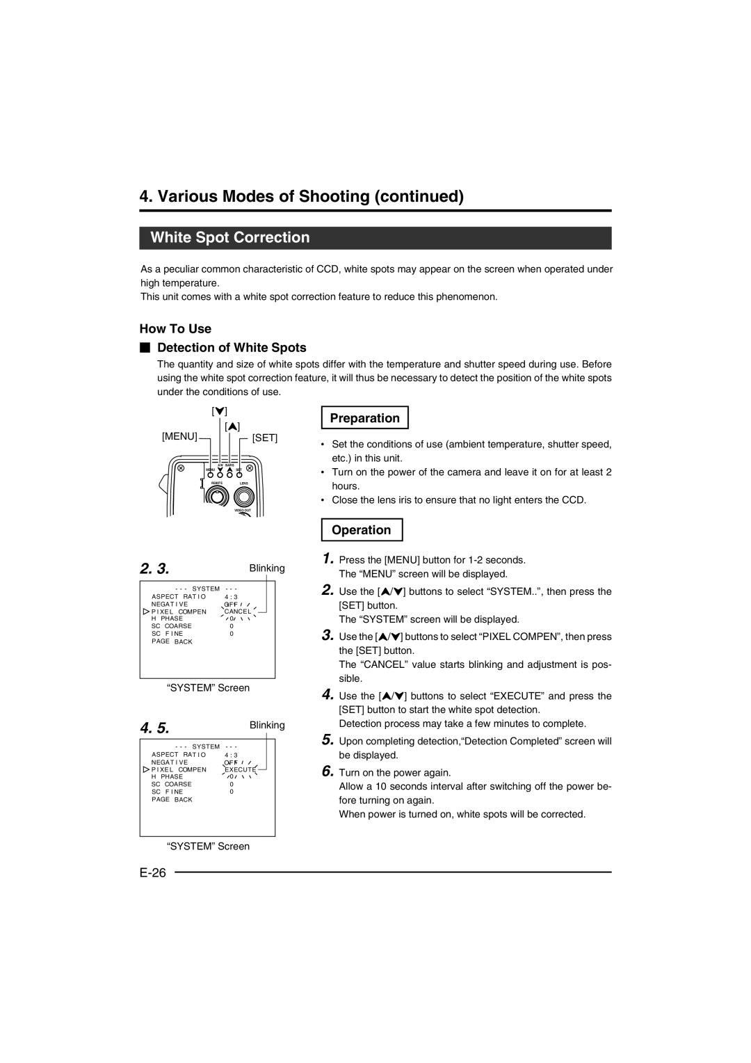 JVC KY-F560 Various Modes of Shooting, White Spot Correction, How To Use  Detection of White Spots, Preparation 