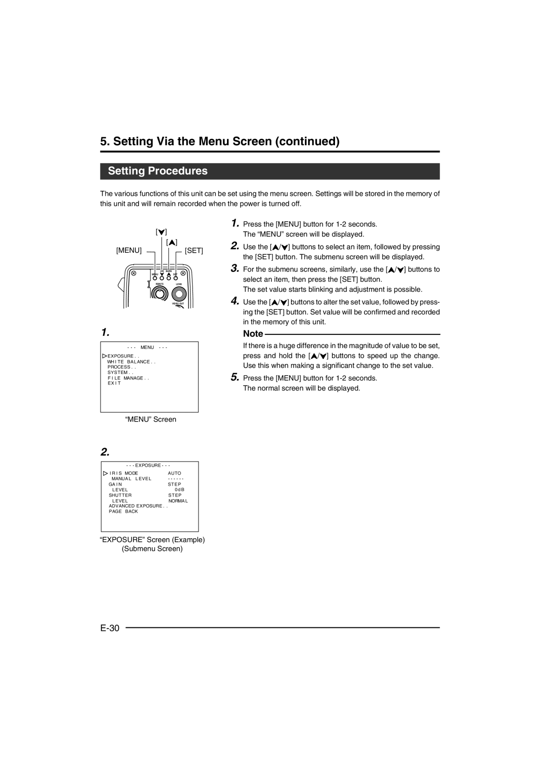 JVC KY-F560 instruction manual Setting Via the Menu Screen, Setting Procedures 