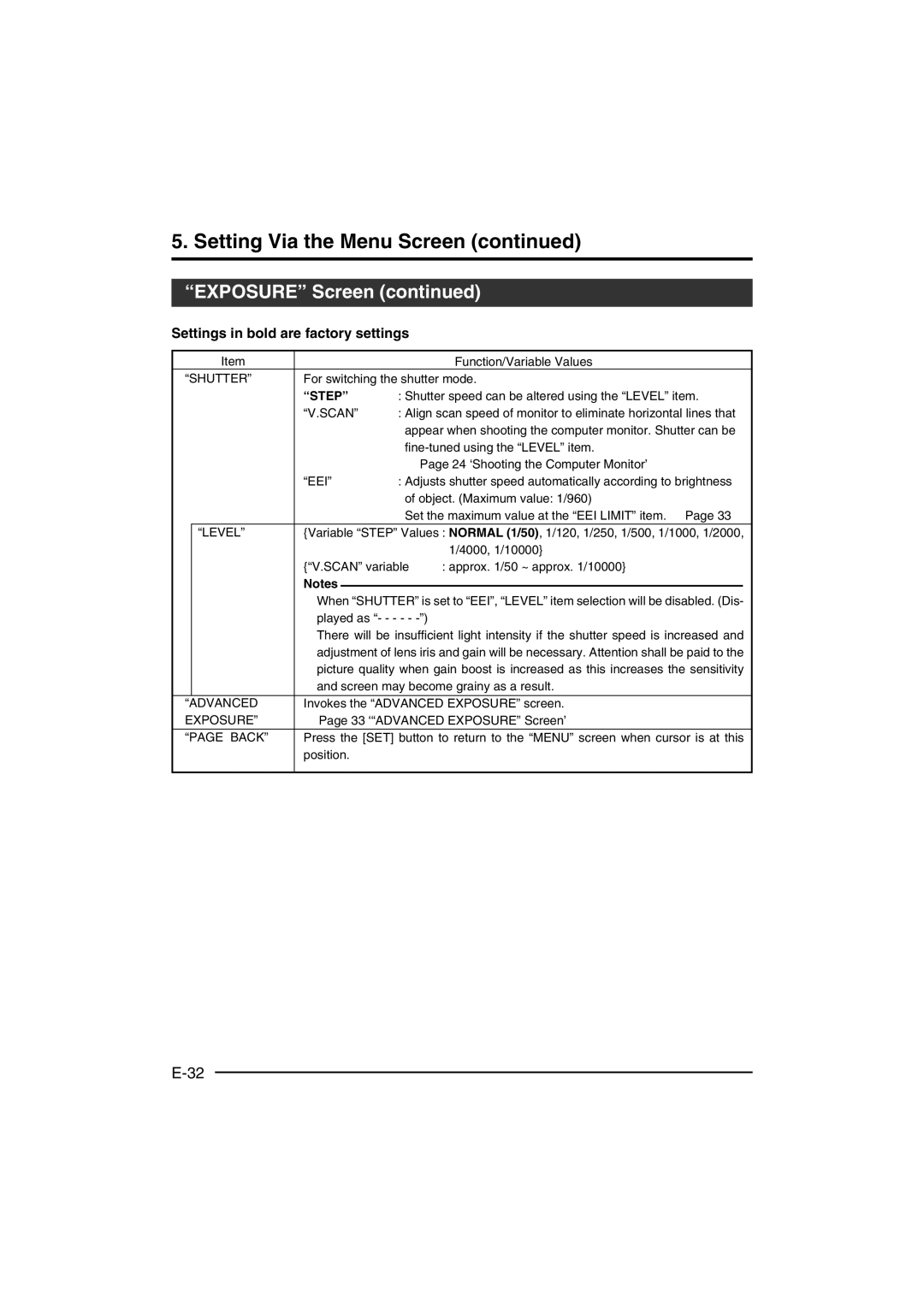 JVC KY-F560 instruction manual Shutter, Scan, Eei, Advanced, Exposure, Back 