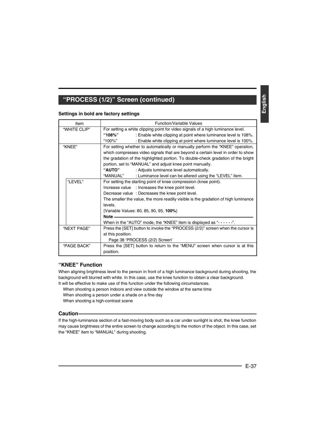 JVC KY-F560 instruction manual Knee Function, White Clip, 108%, Next 