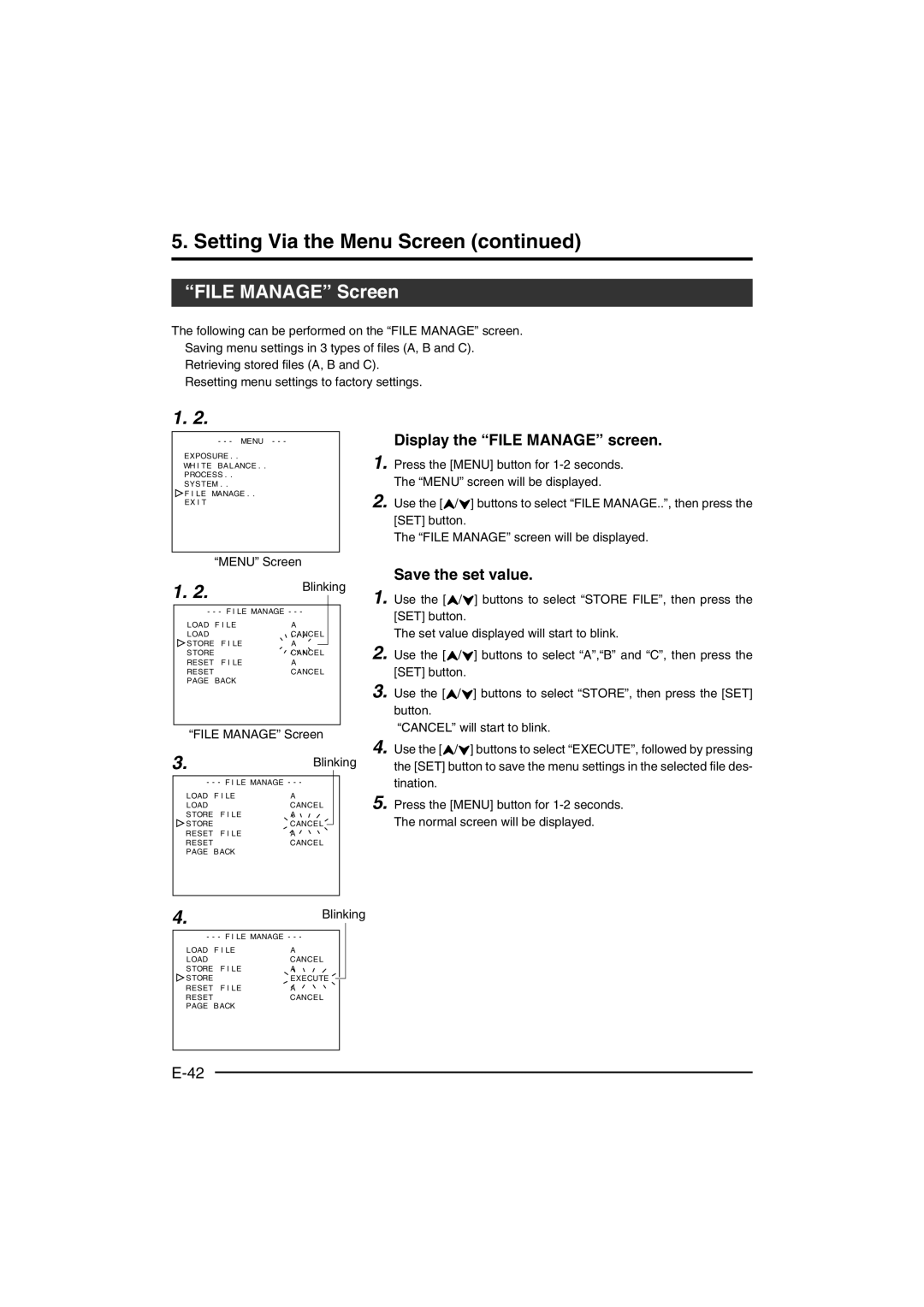 JVC KY-F560 File Manage Screen,  Display the File Manage screen,  Save the set value, Menu Screen Blinking 