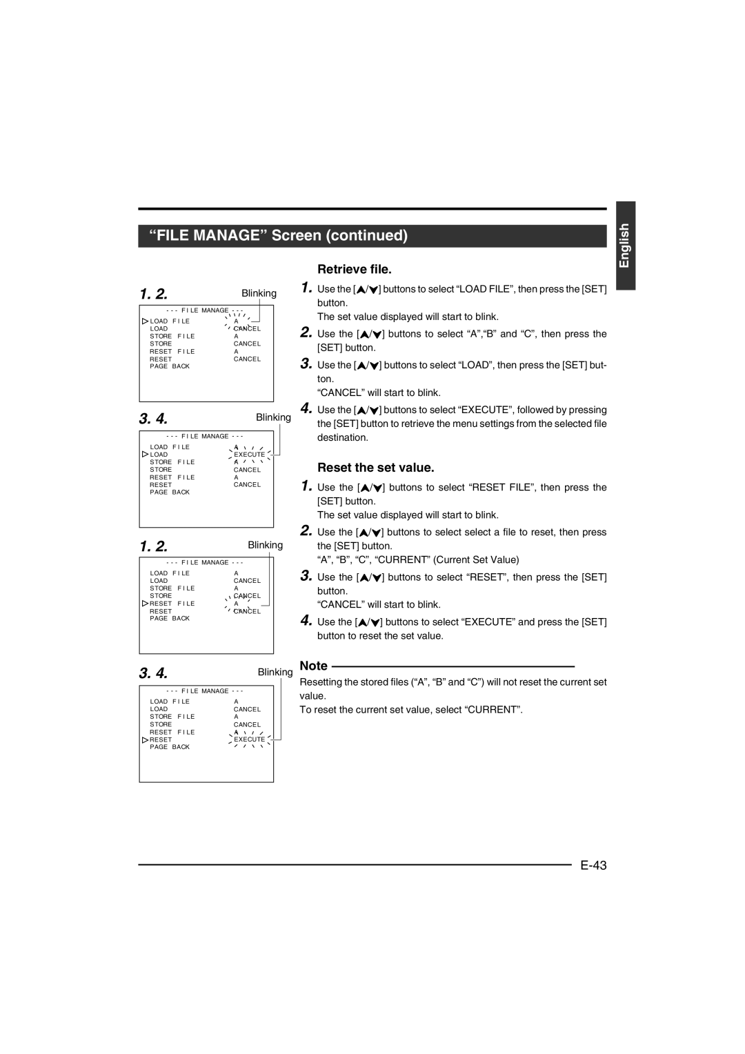 JVC KY-F560 instruction manual  Retrieve file,  Reset the set value 