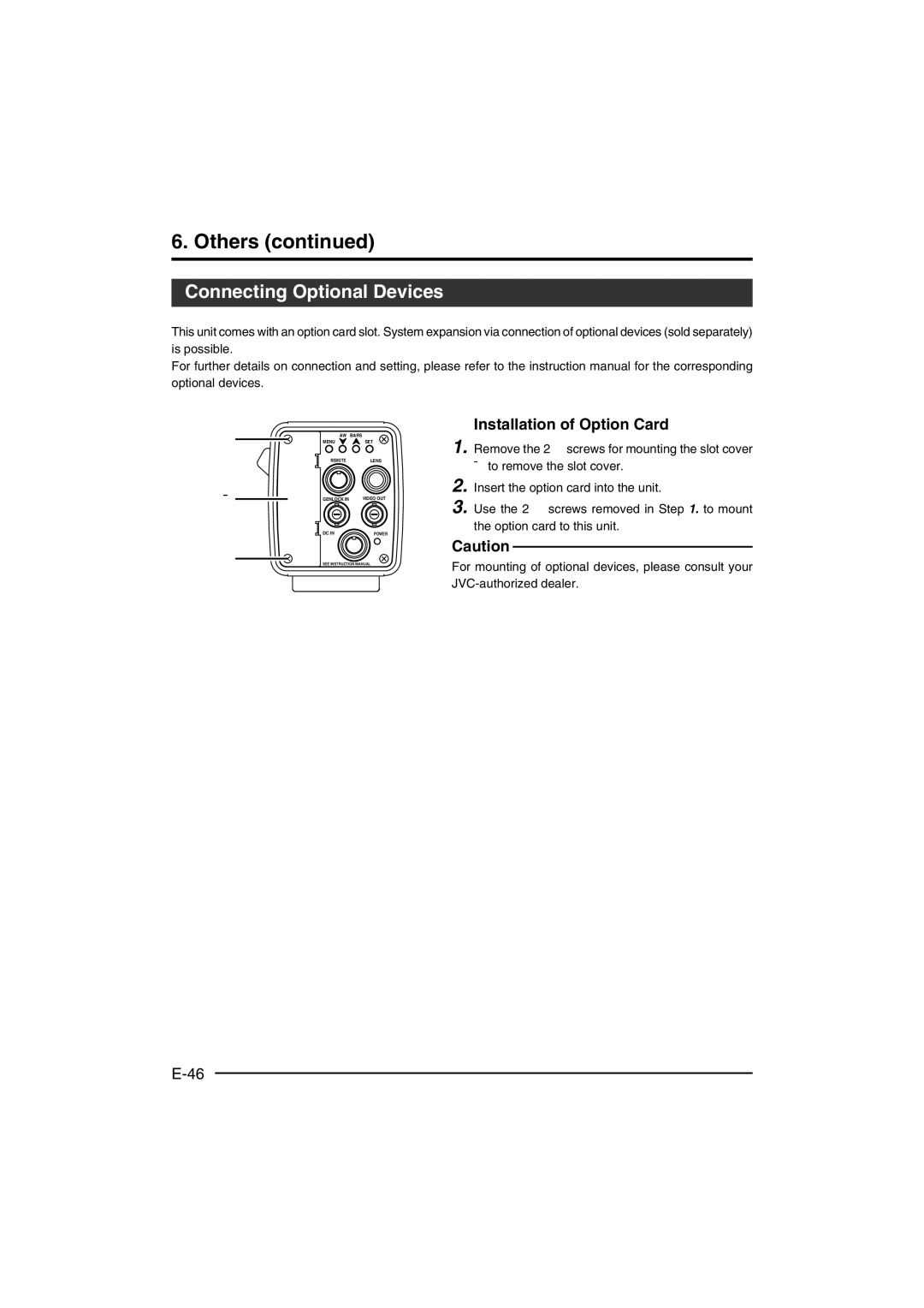 JVC KY-F560 instruction manual Others, Connecting Optional Devices,  Installation of Option Card 