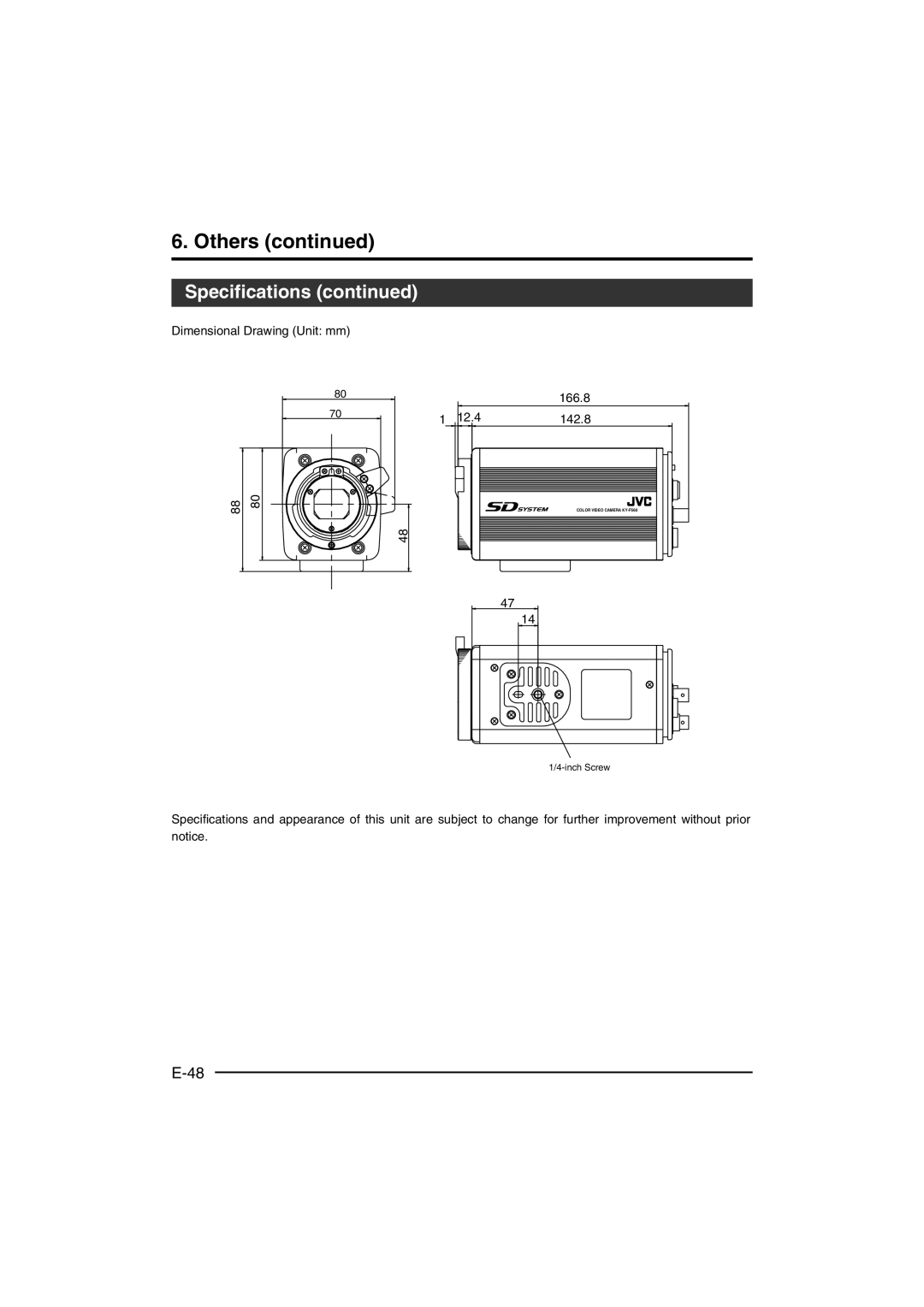 JVC KY-F560 instruction manual Dimensional Drawing Unit mm, 166.8 12.4 