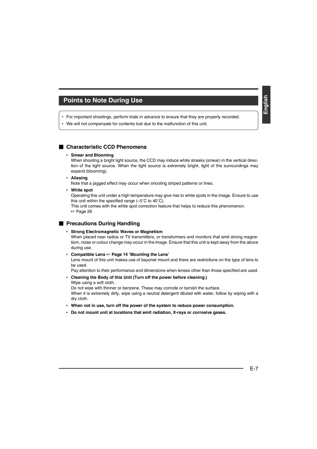 JVC KY-F560 instruction manual Points to Note During Use,  Characteristic CCD Phenomena,  Precautions During Handling 