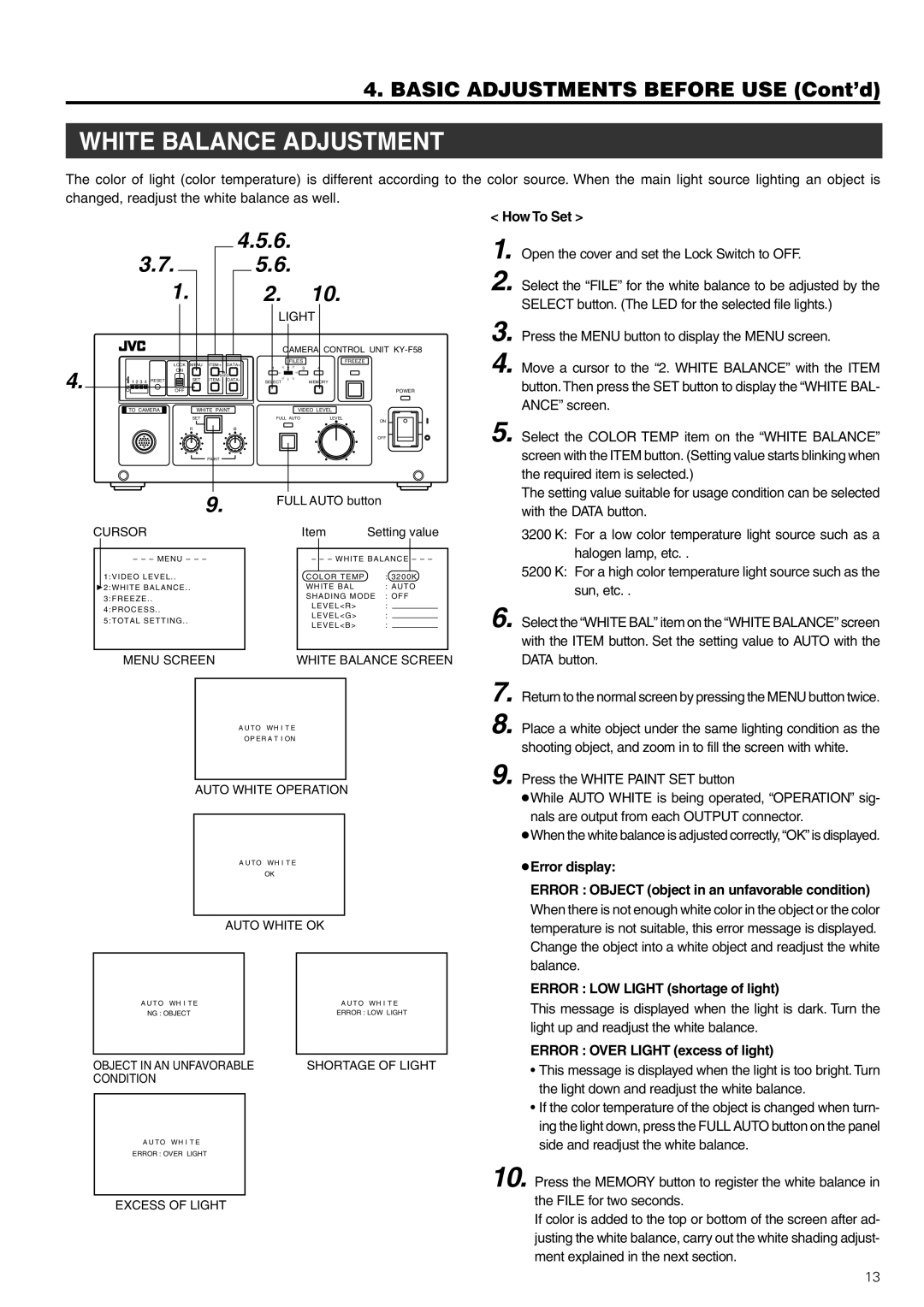 JVC KY-F58 instruction manual White Balance Adjustment, How To Set, Error Over Light excess of light 