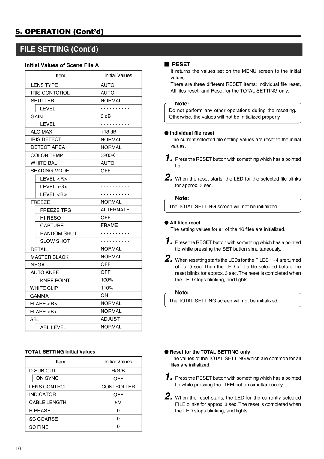 JVC KY-F58 instruction manual File Setting Cont’d, Initial Values of Scene File a 