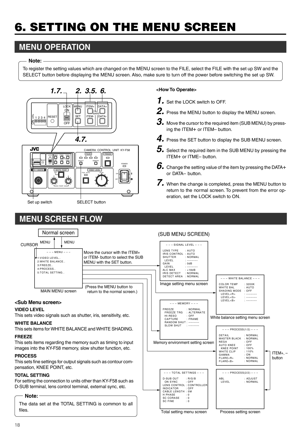 JVC KY-F58 instruction manual Setting on the Menu Screen, Menu Operation, Menu Screen Flow, Sub Menu screen, How To Operate 