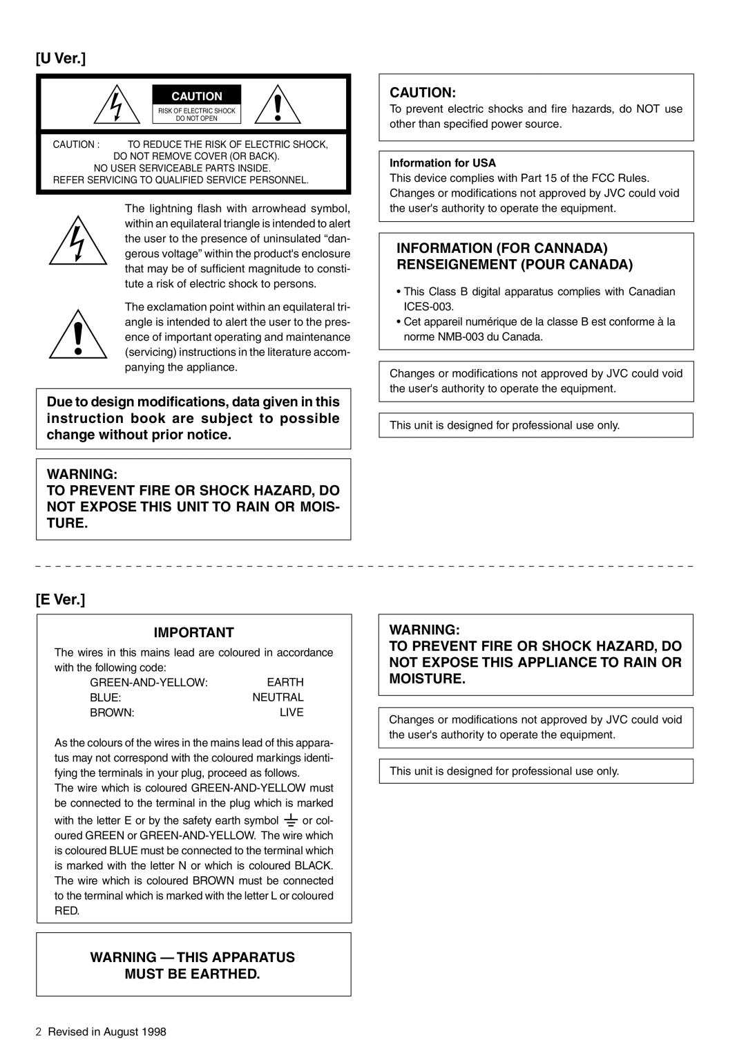 JVC KY-F58 instruction manual Information for USA, GREEN-AND-YELLOW Blue Brown 