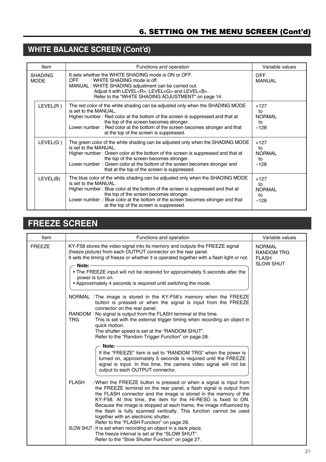 JVC KY-F58 instruction manual Freeze Screen, White Balance Screen Cont’d 