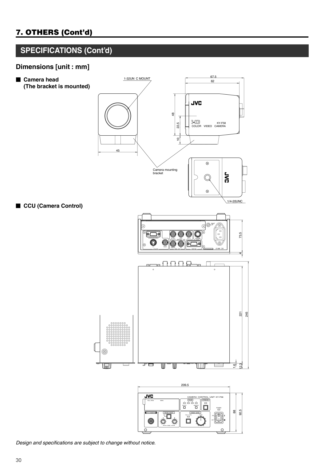 JVC KY-F58 instruction manual Specifications Cont’d, Camera head, Bracket is mounted,  CCU Camera Control 