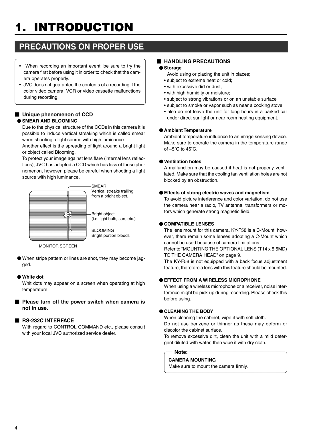 JVC KY-F58 instruction manual Introduction, Precautions on Proper USE,  Unique phenomenon of CCD 