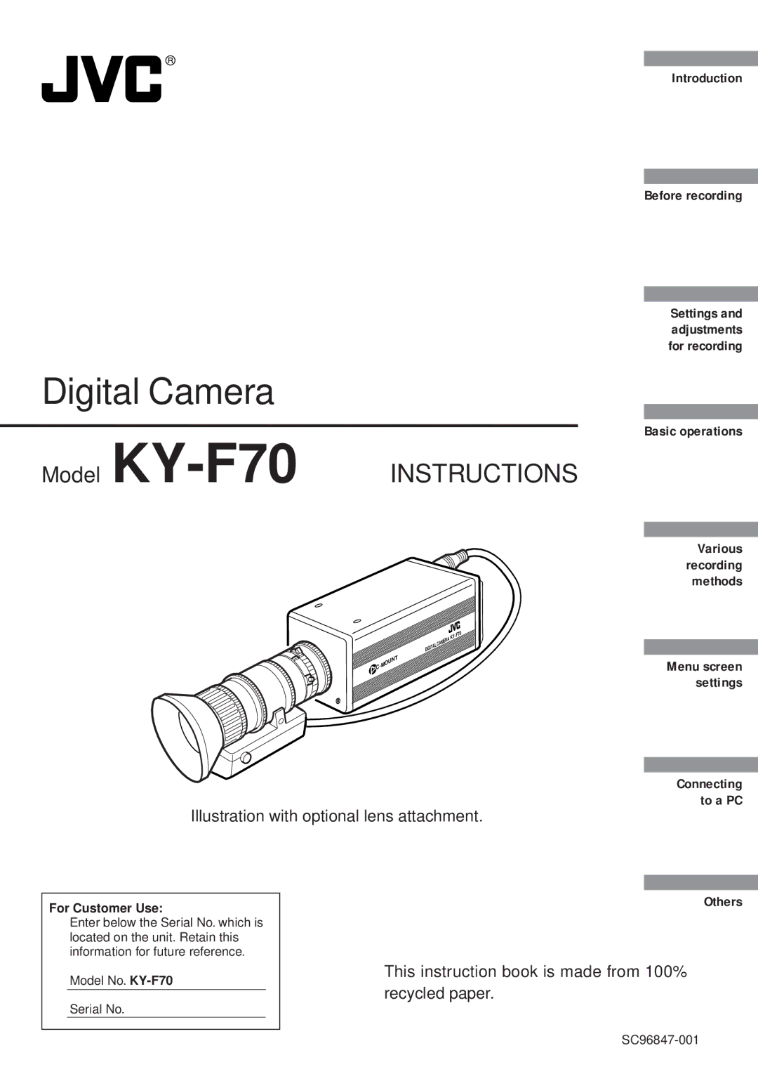 JVC KY-F70 manual Illustration with optional lens attachment, This instruction book is made from 100% recycled paper 