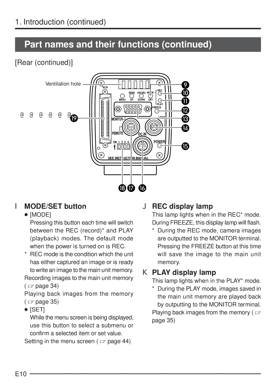 JVC KY-F70 manual E10, Mode, Ventilation hole 