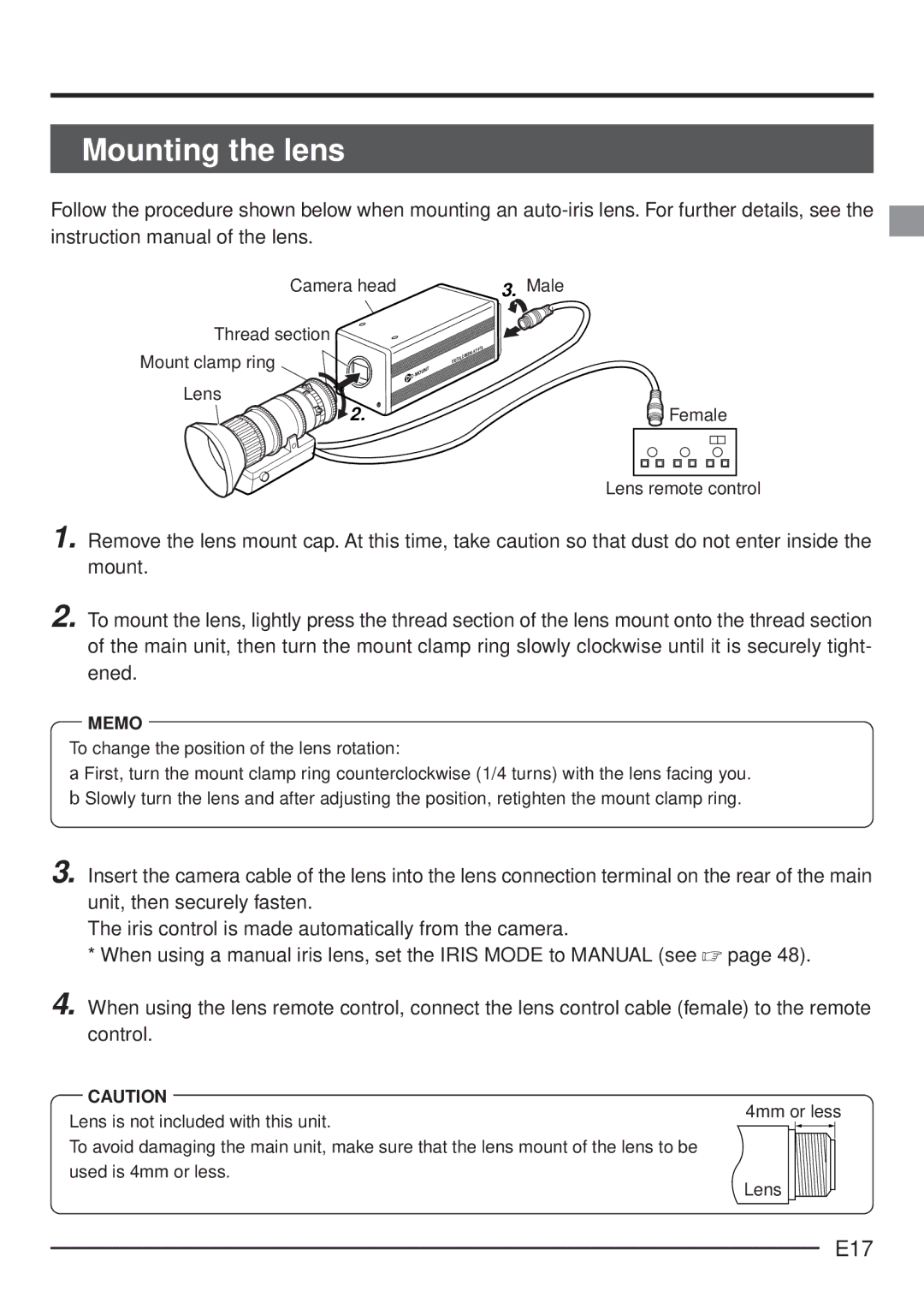 JVC KY-F70 manual Mounting the lens, E17, Camera head Male Thread section Mount clamp ring Lens, Female Lens remote control 
