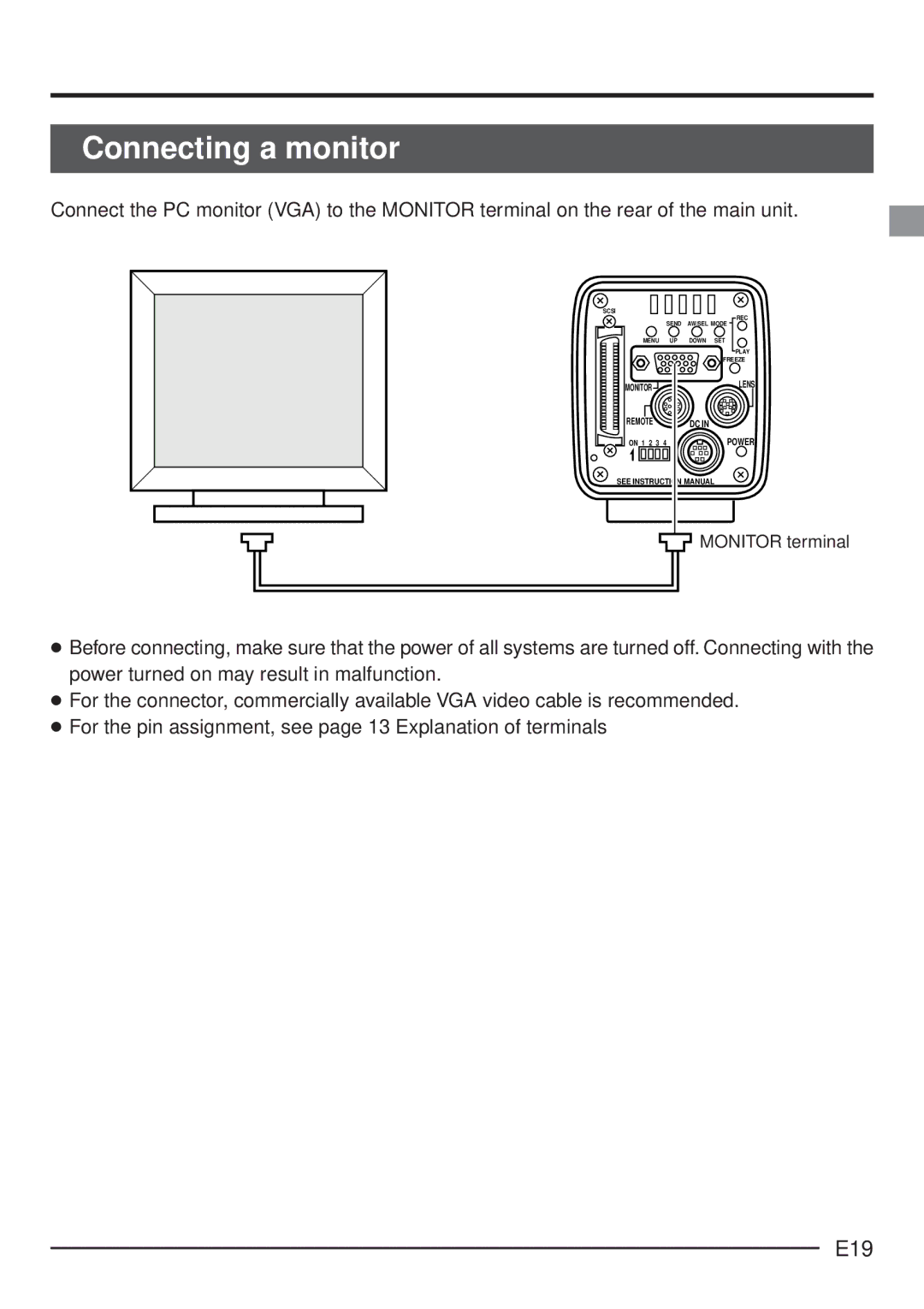 JVC KY-F70 manual Connecting a monitor, E19, Monitor terminal 