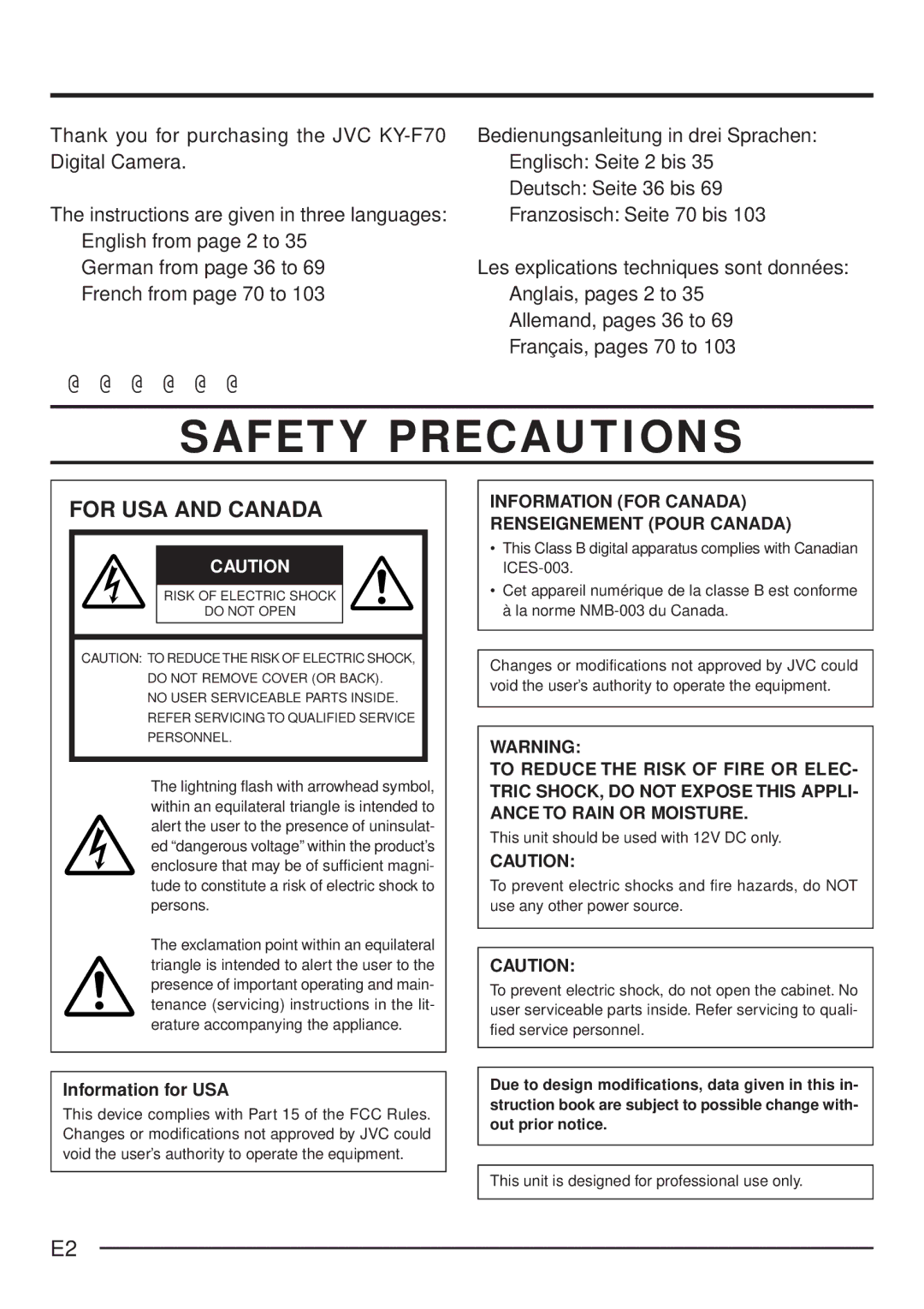 JVC KY-F70 manual Safety Precautions 