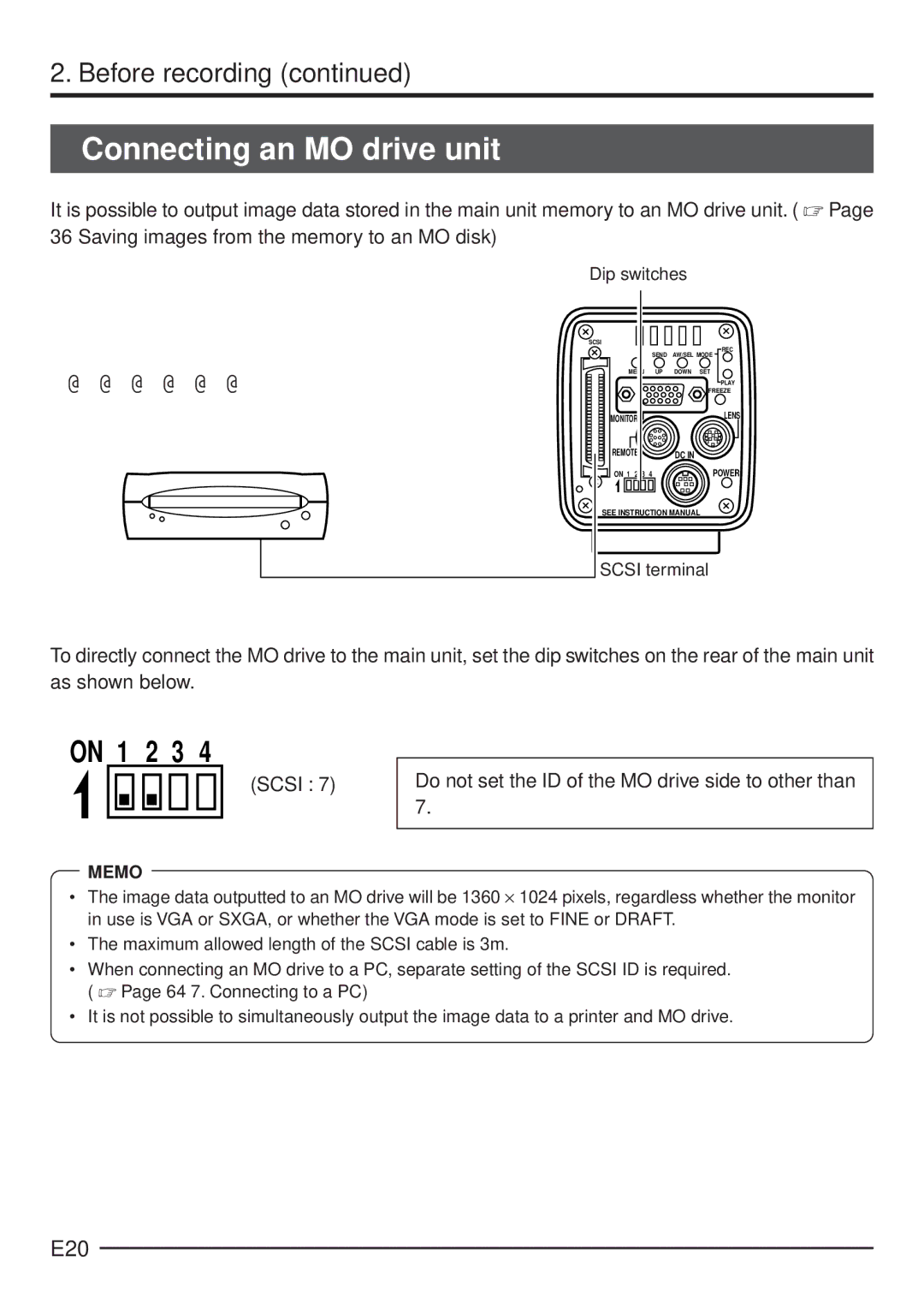 JVC KY-F70 manual Connecting an MO drive unit, E20, Do not set the ID of the MO drive side to other than, Scsi terminal 