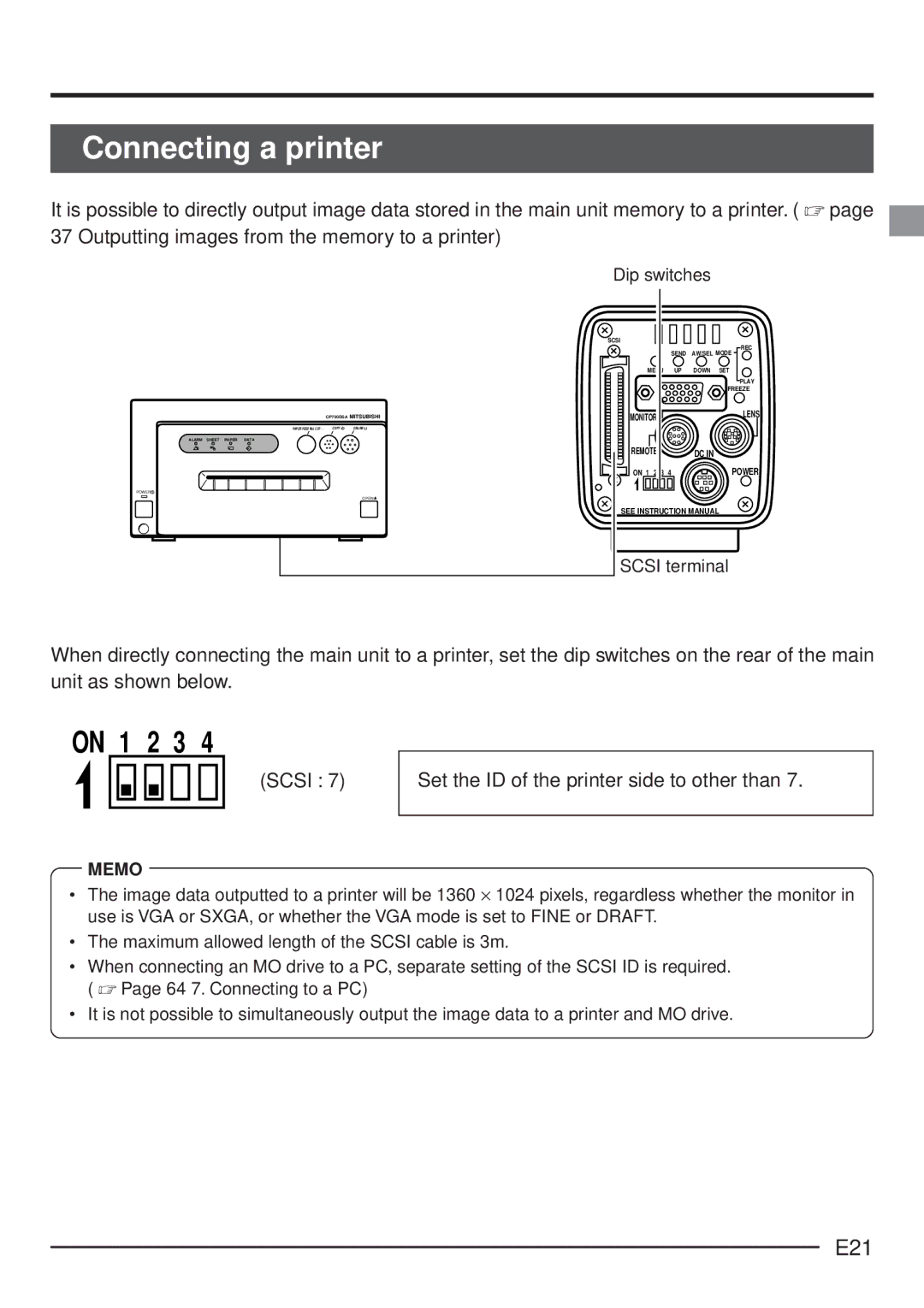 JVC KY-F70 manual Connecting a printer, E21, Scsi Set the ID of the printer side to other than, Dip switches 