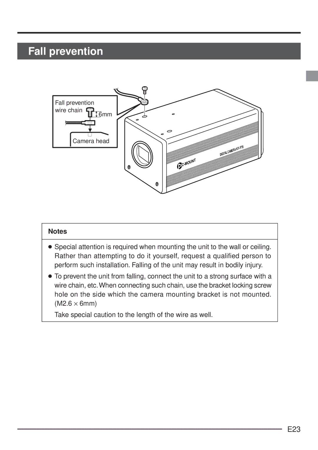 JVC KY-F70 manual E23, Fall prevention wire chain 6mm Camera head 