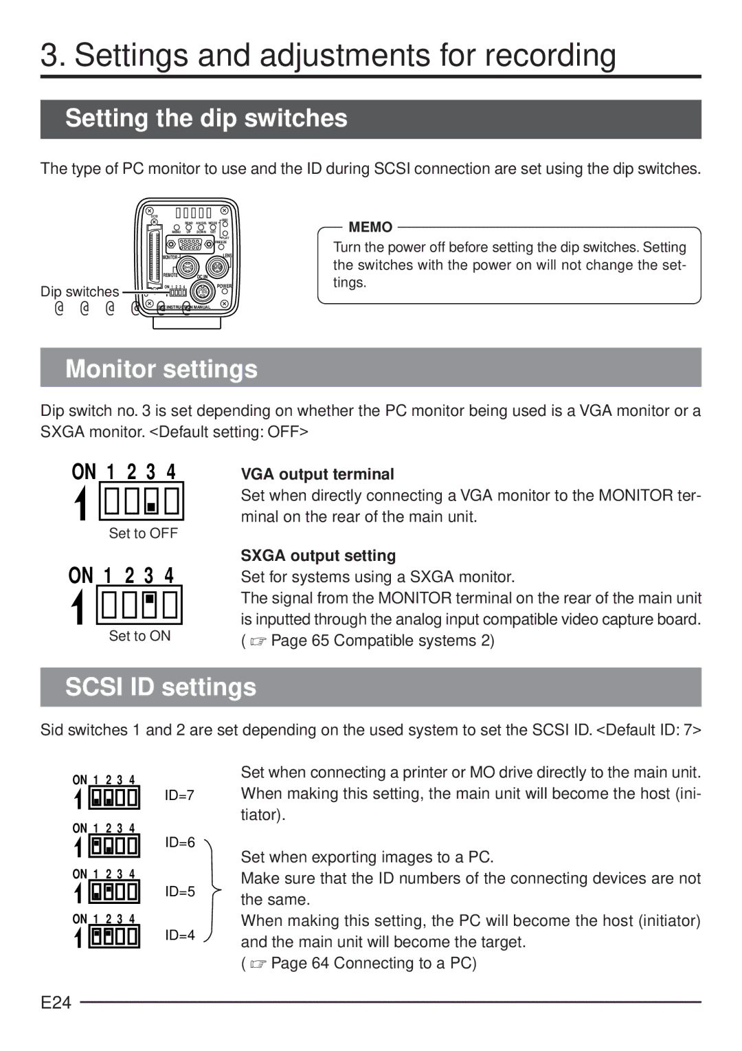 JVC KY-F70 manual E24, Minal on the rear of the main unit, Set to OFF, Set to on 