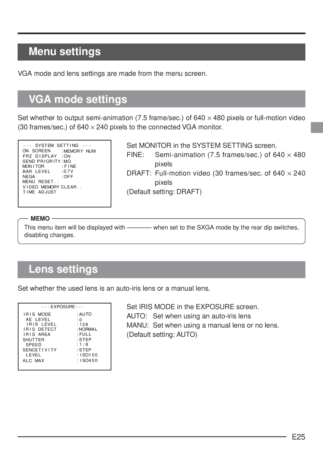 JVC KY-F70 Menu settings, VGA mode settings, Lens settings, E25, VGA mode and lens settings are made from the menu screen 